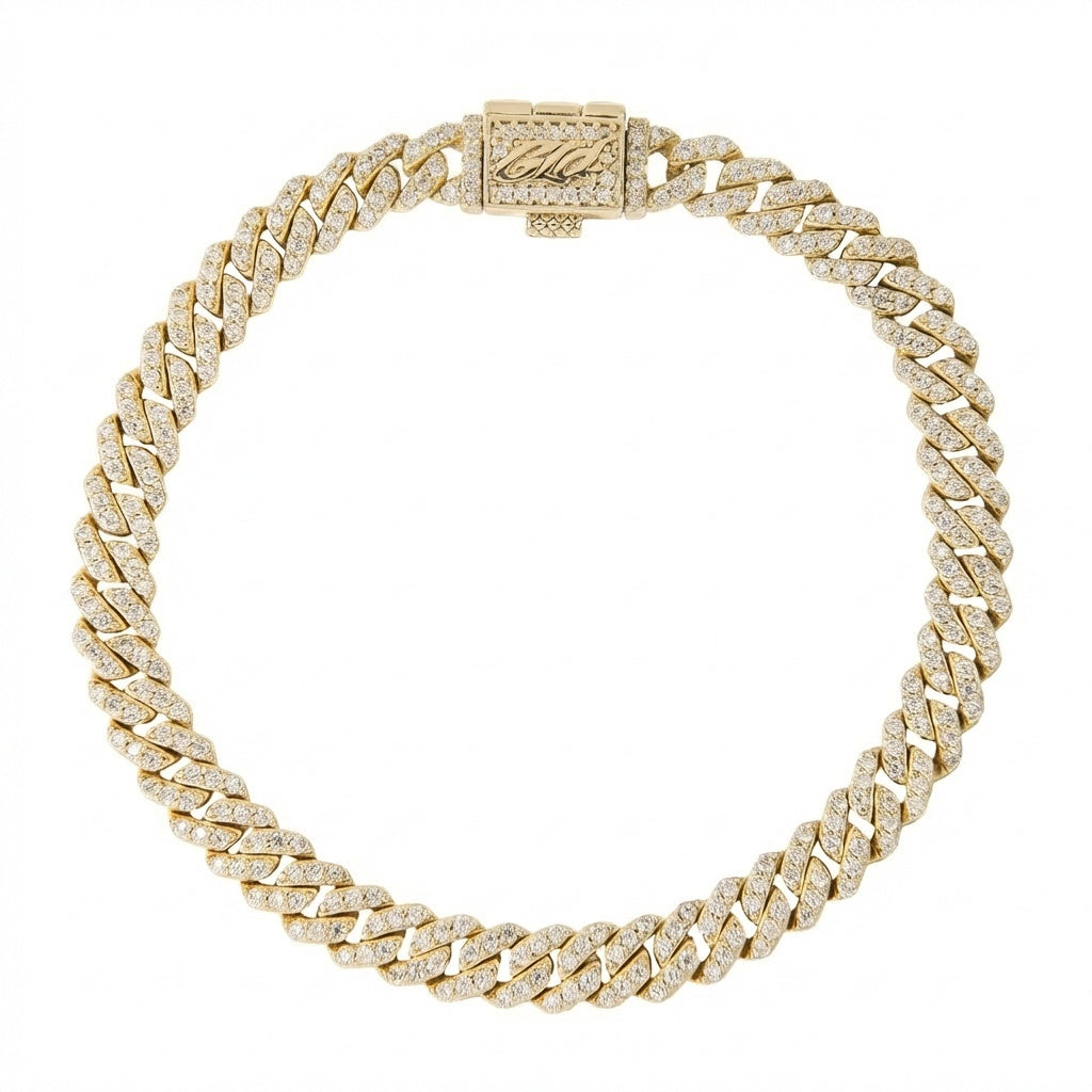 Women's 6MM Micro Diamond Prong Moissanite Cuban Bracelet in Yellow Gold Vermeil