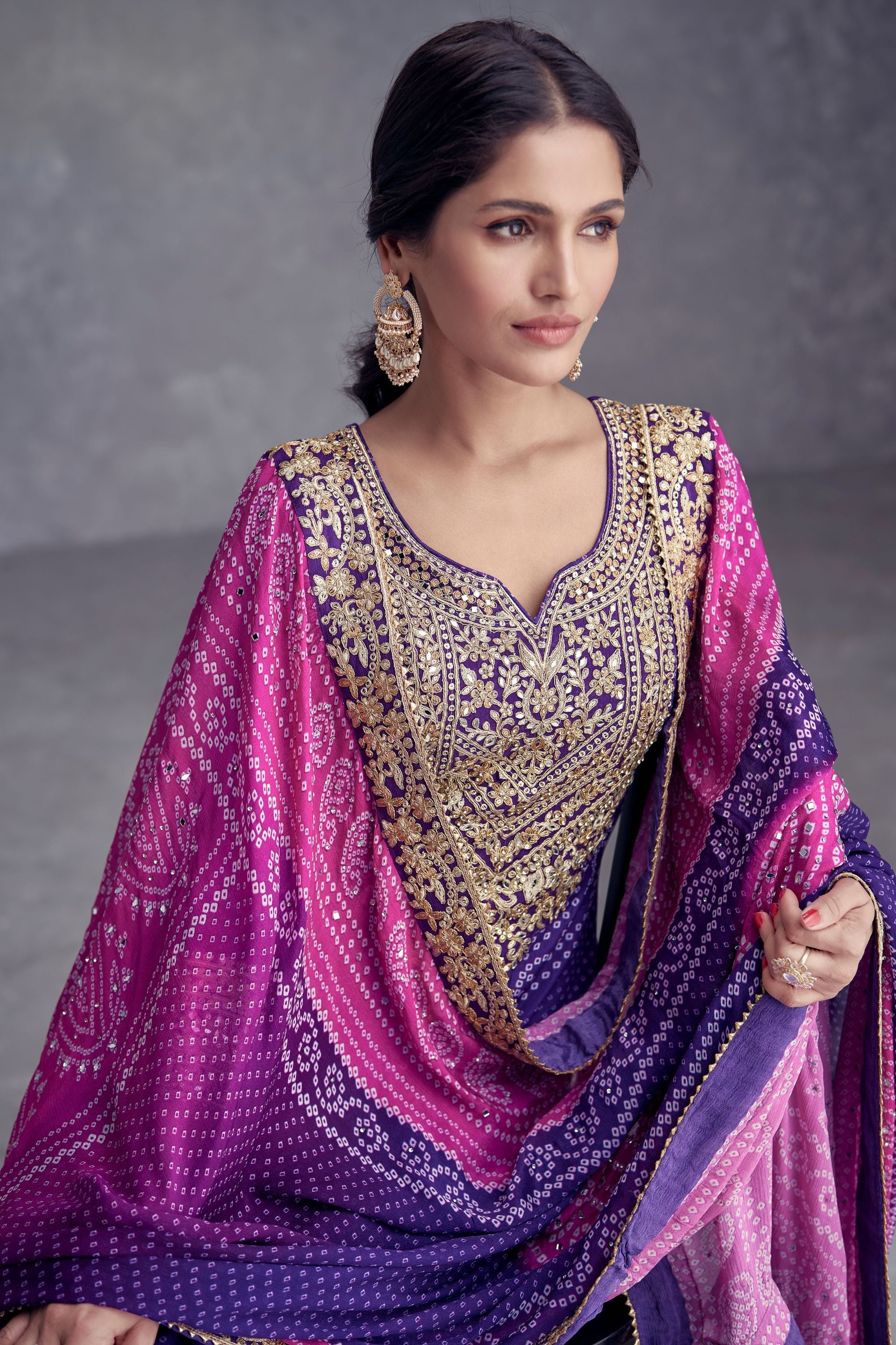 Purple Chinon Silk Bandhani Style Pattern Palazzo Suit For Indian Festivals & Weddings - Embroidery Work, Mirror Work, Digital Print Work