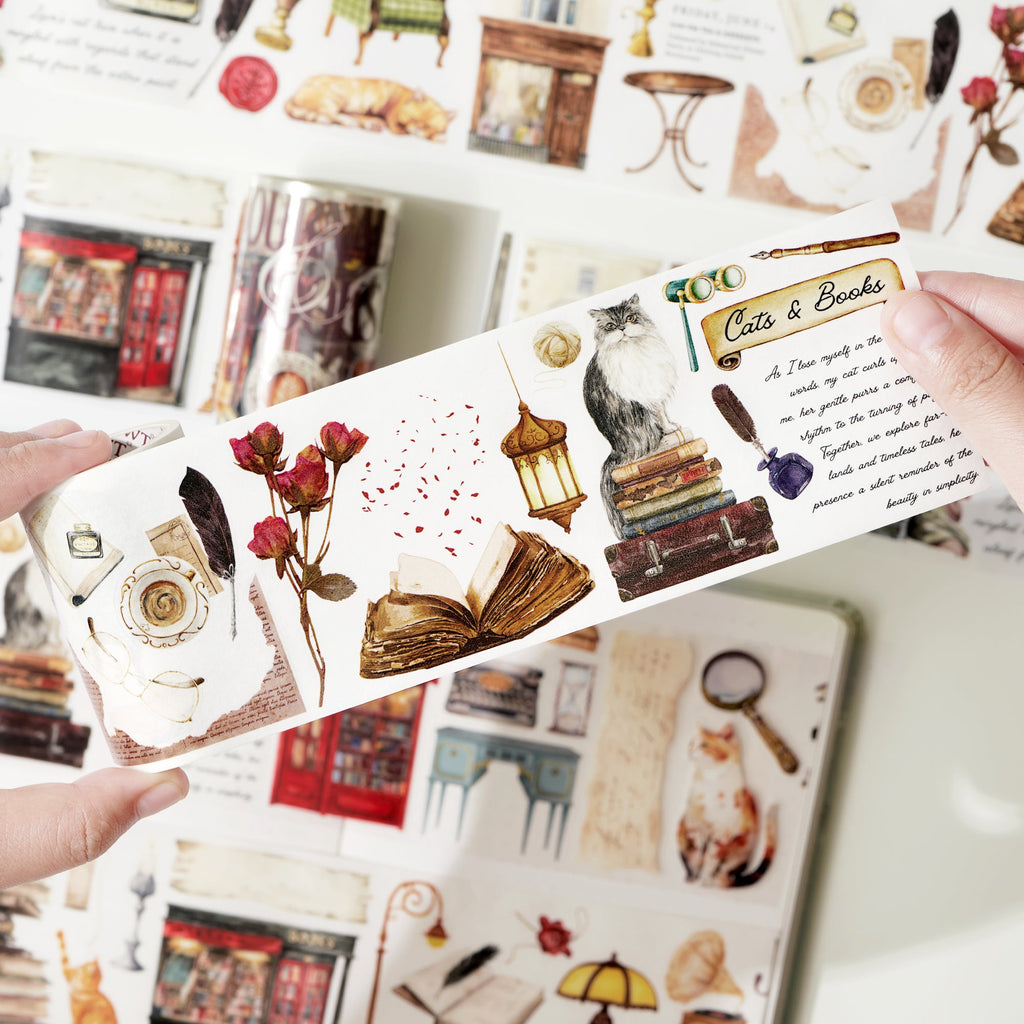 Pre-cut Cats and Books Wide Washi/PET Tape