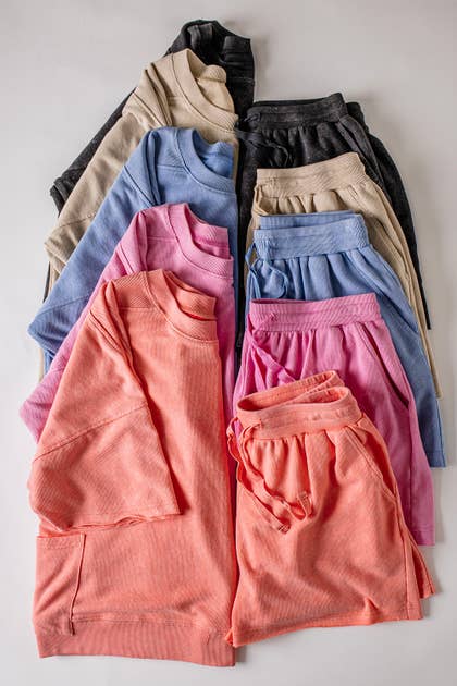 NT12429SET-Mineral Washed Knit Casual Top & Shorts
