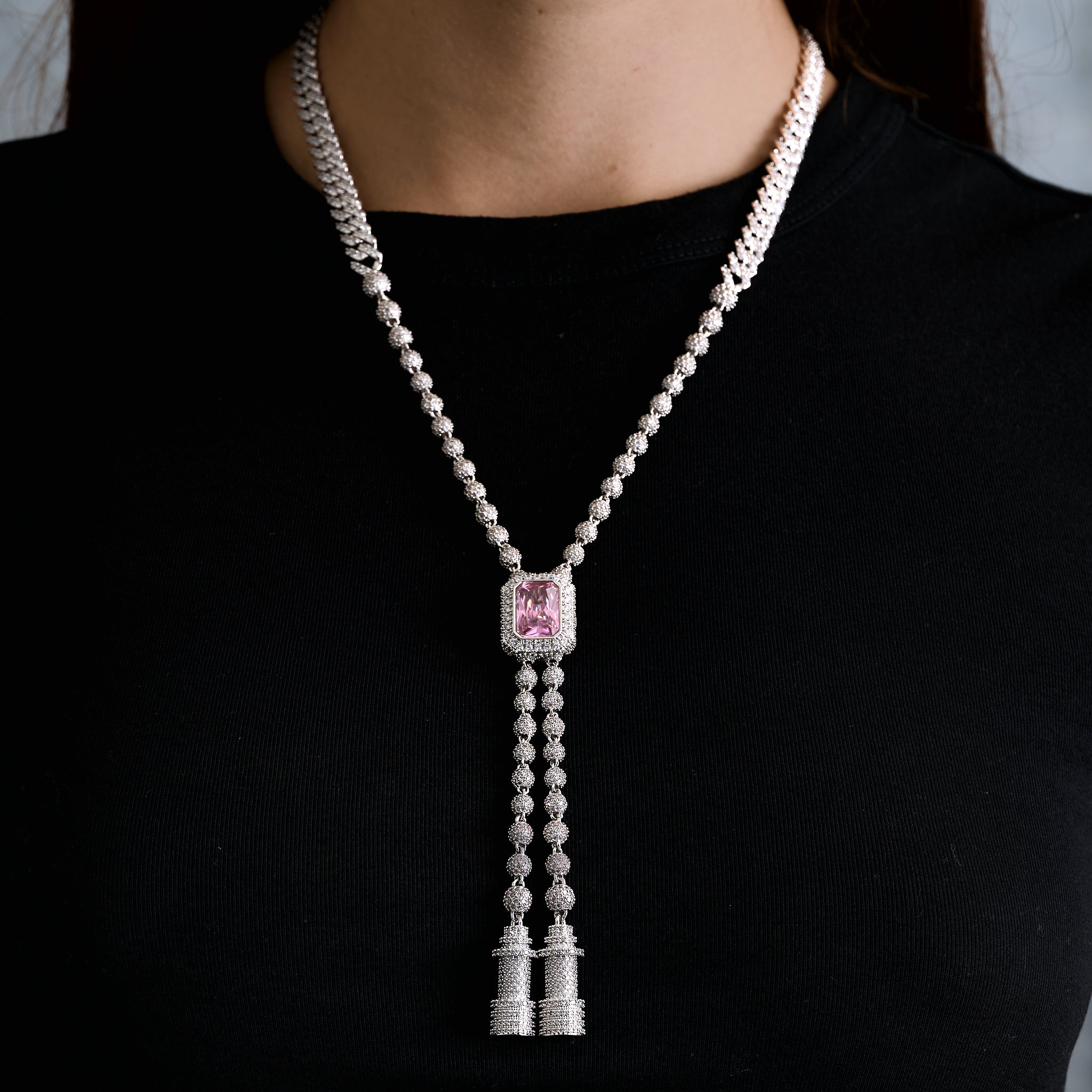 Pink Iced Rock Adjustable Cloister Chain Necklace in White Gold