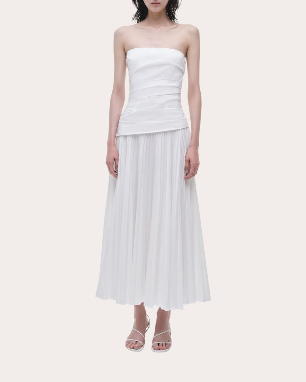 Arie Pleated Poplin Strapless Bustier Midi Dress