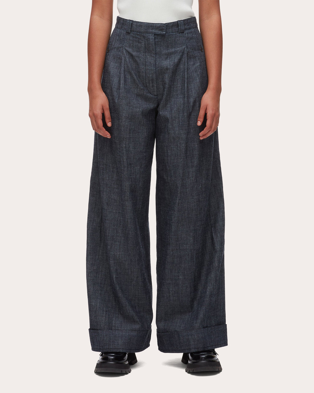 Denim Chambray Pleated Wide-Leg Pants
