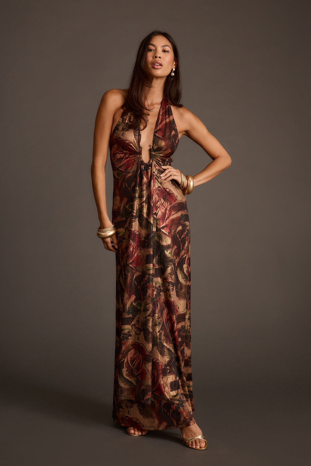 Alondra Dark Floral Plunge Maxi Dress