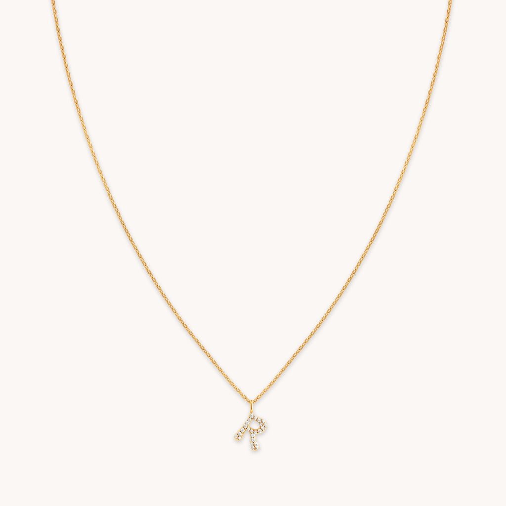 R Initial Pavé Pendant Necklace in Gold