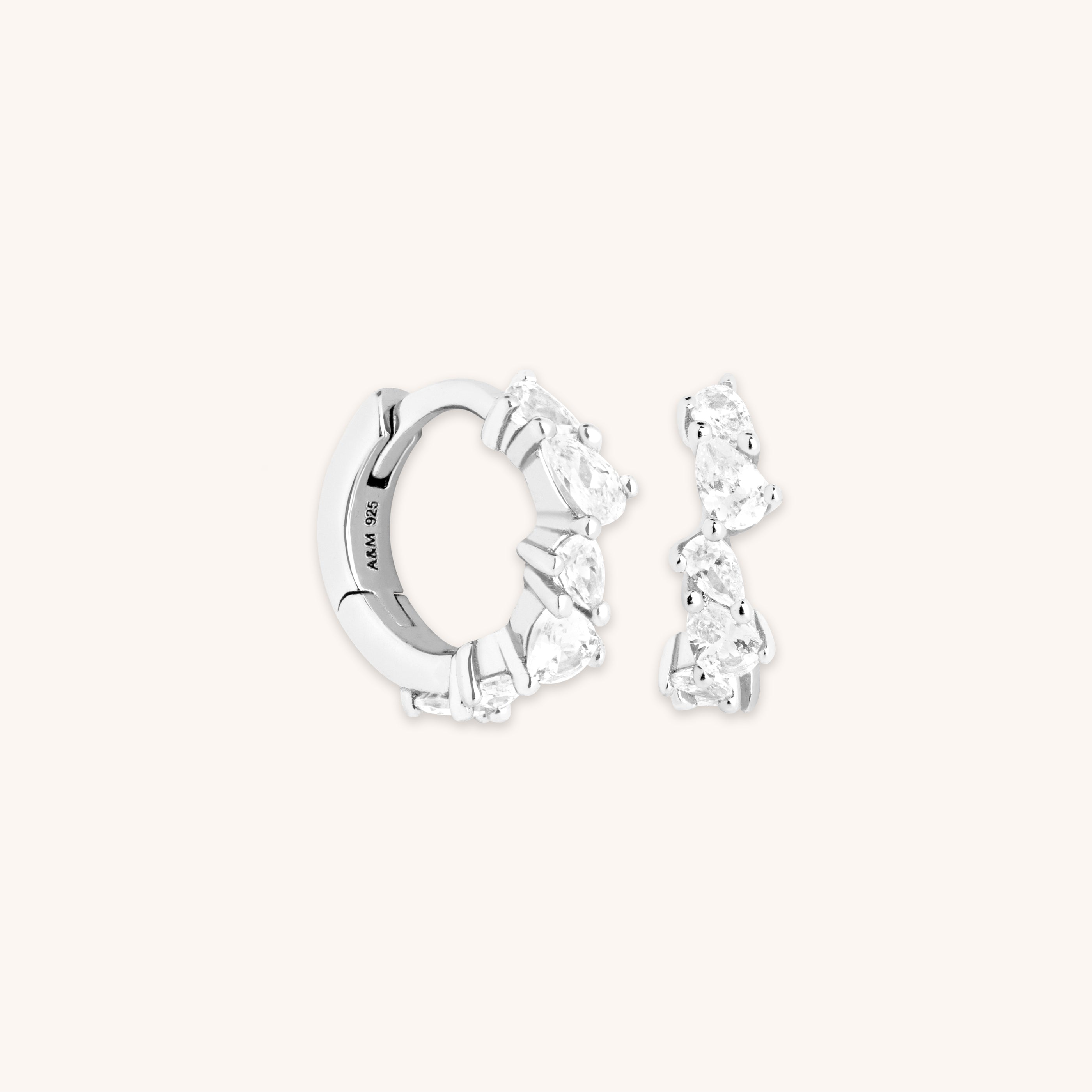 Crystal Pear Huggies in Silver