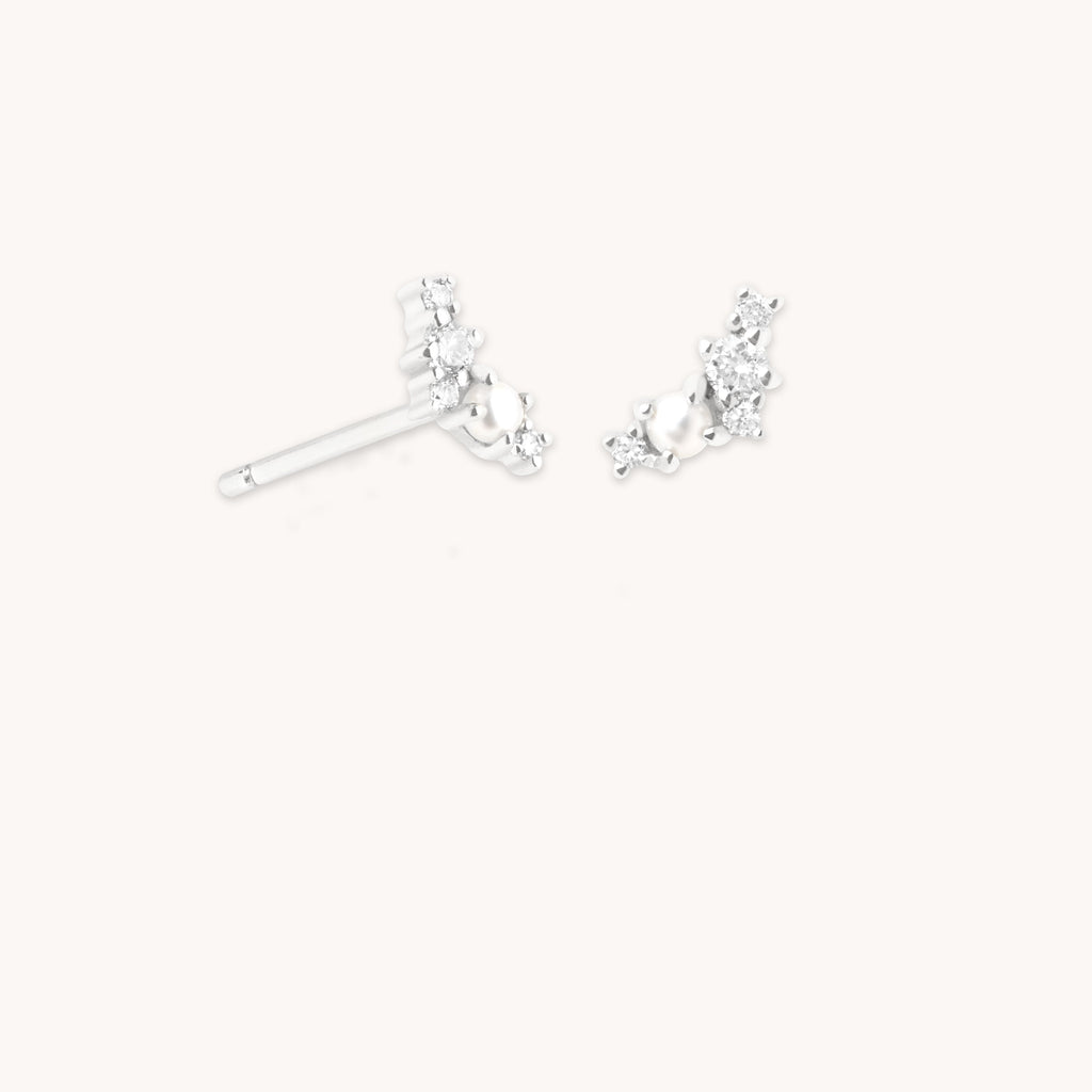 Diamond & Pearl Climber Studs in Solid White Gold