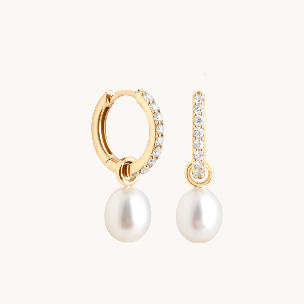 Diamond & Pearl Charm Huggies in Solid Gold