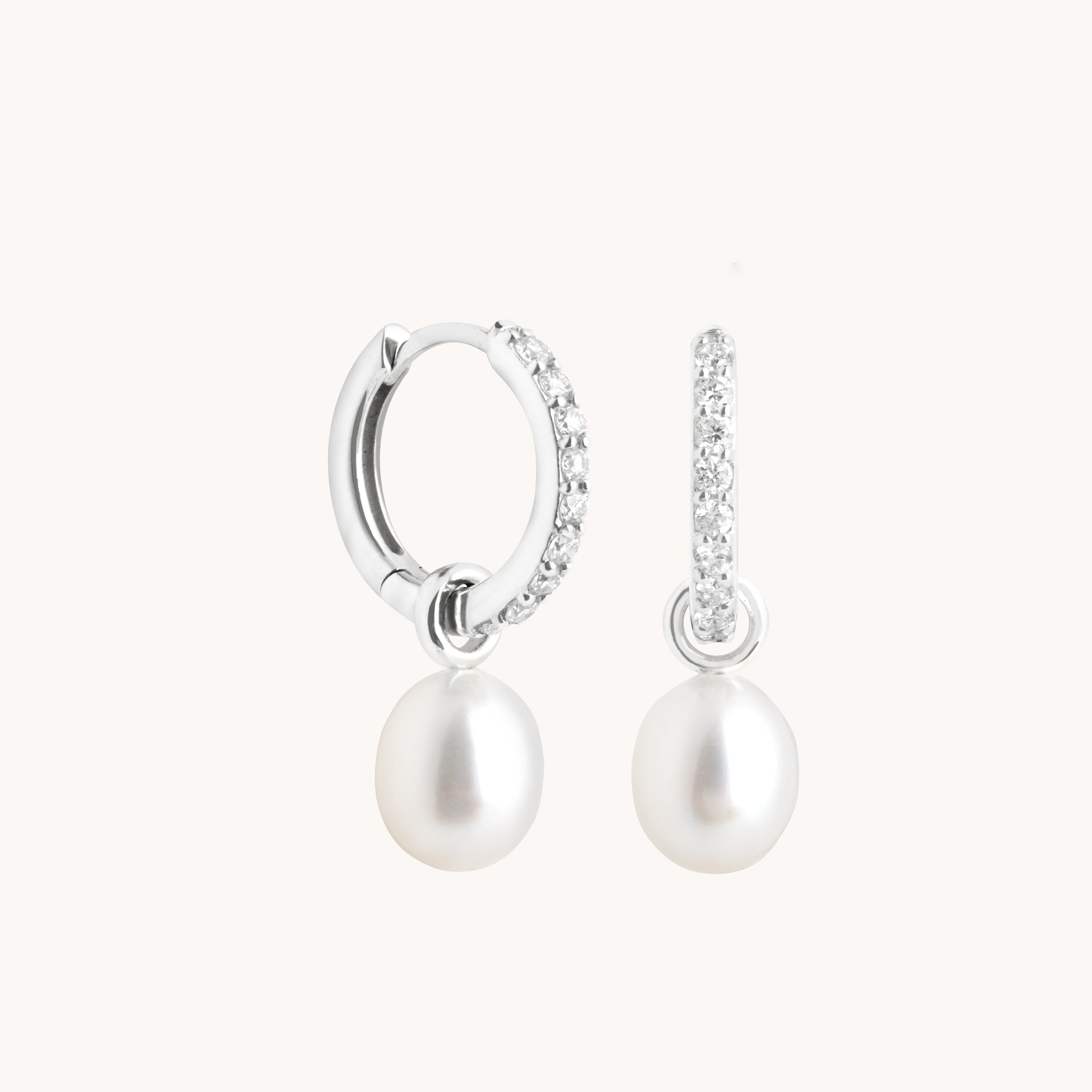Diamond & Pearl Charm Huggies in Solid White Gold
