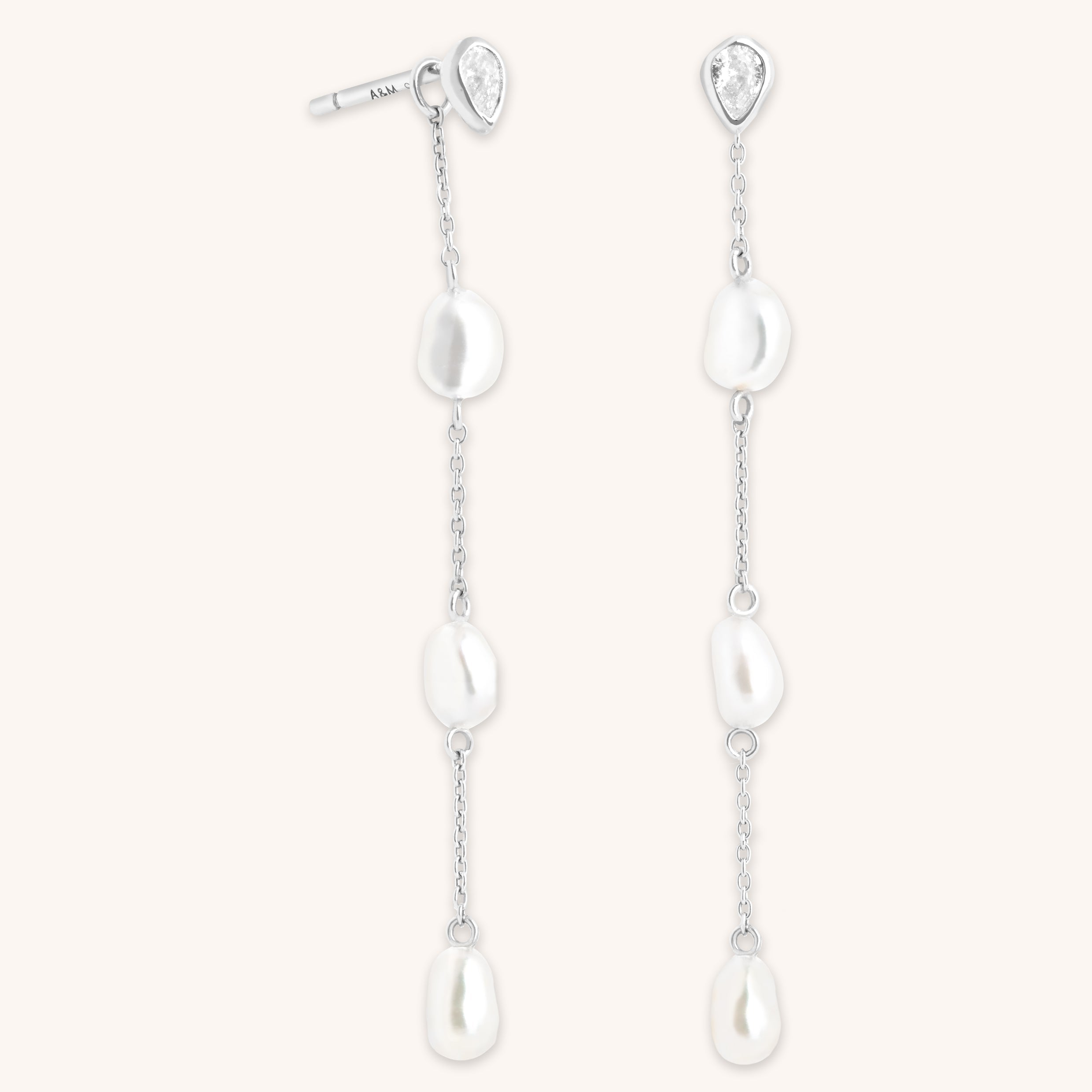 Pearl Chain Drop Studs in Silver