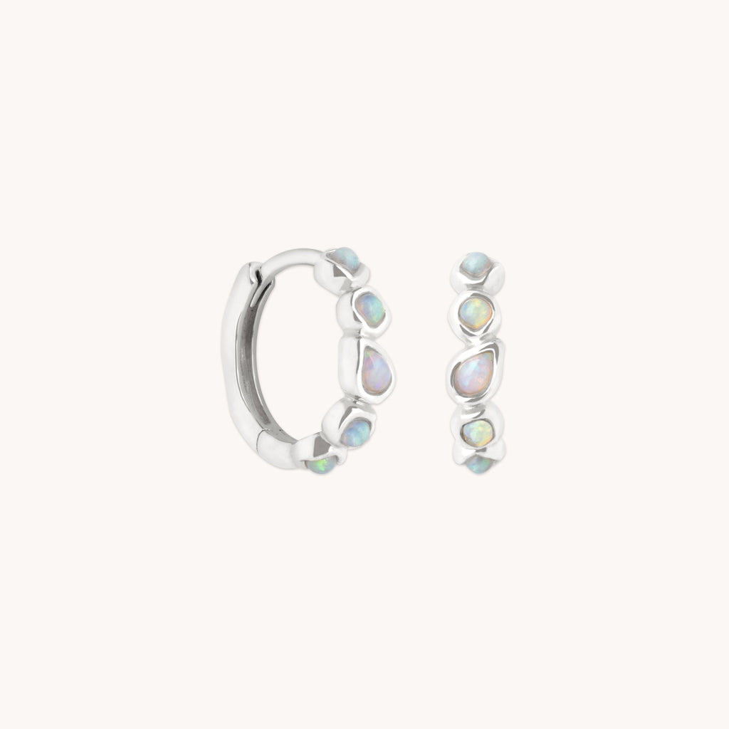 Opal Pear Bezel Huggies in Solid White Gold