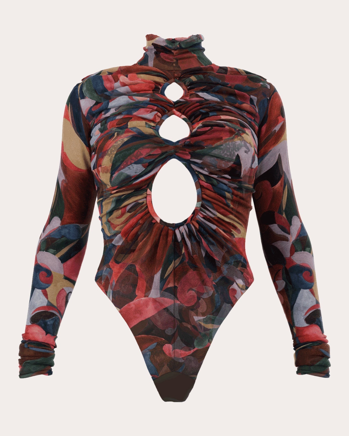 Salle Printed Mesh Gathered Cutout Bodysuit