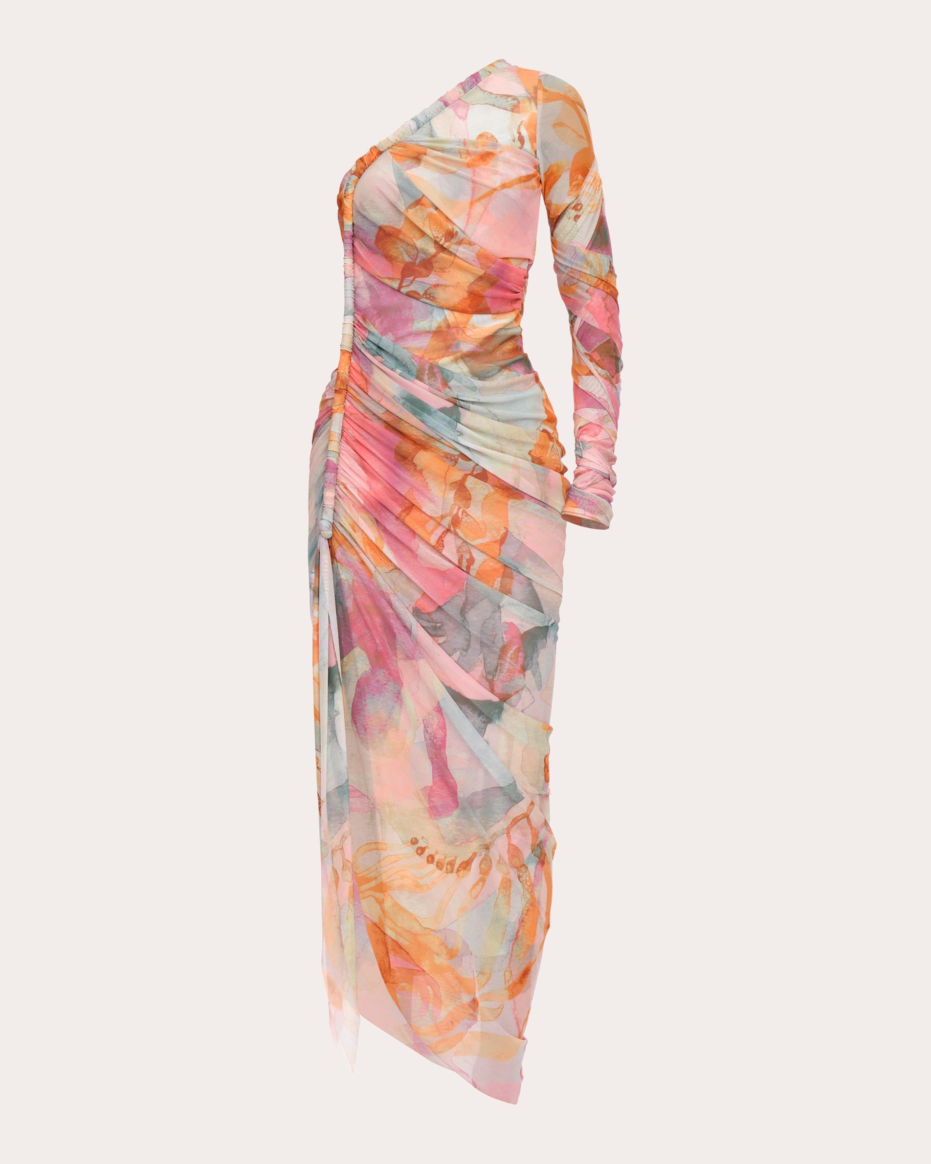 Turi Asymmetric Ruched Printed Mesh Midi Dress