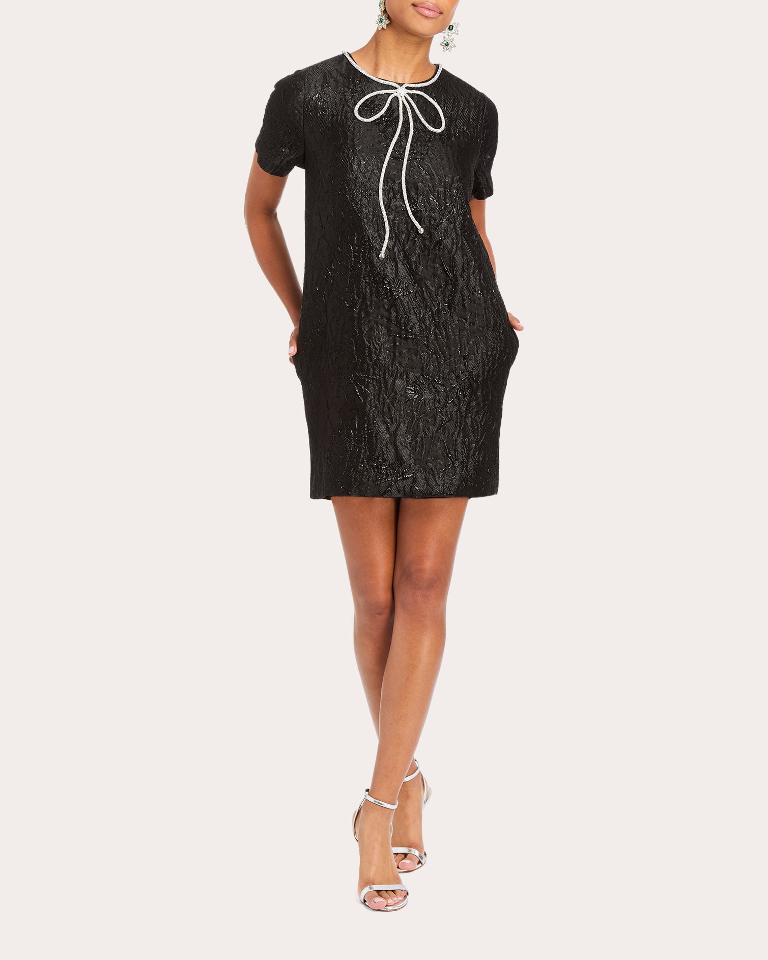 Ainslee Rhinestone Bow Metallic Jacquard Mini Dress