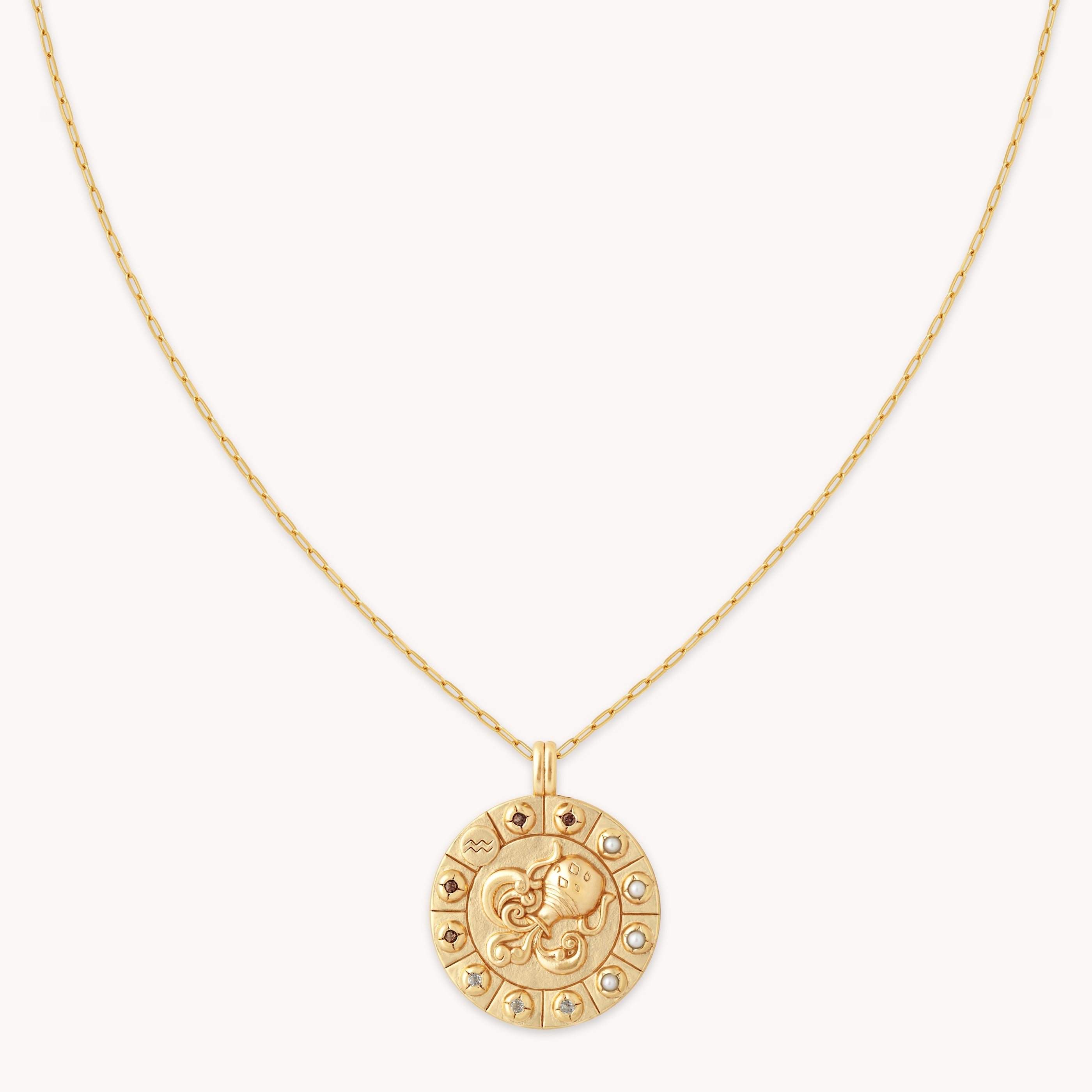 Aquarius Bold Zodiac Pendant Necklace in Gold
