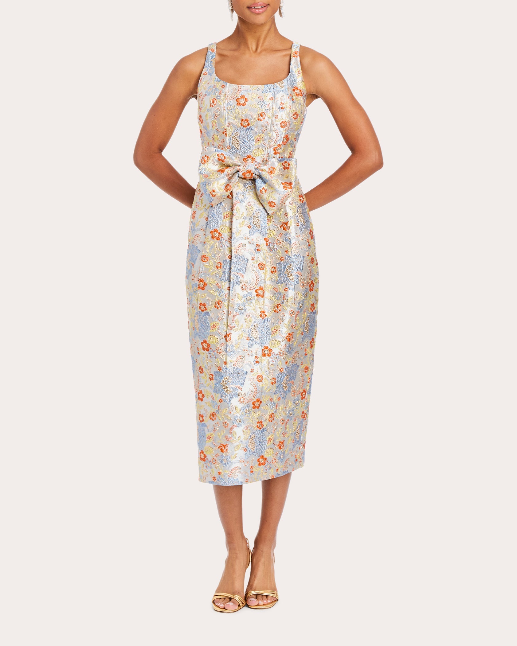 Audrey Bow-Embellished Metallic Jacquard Midi Dress