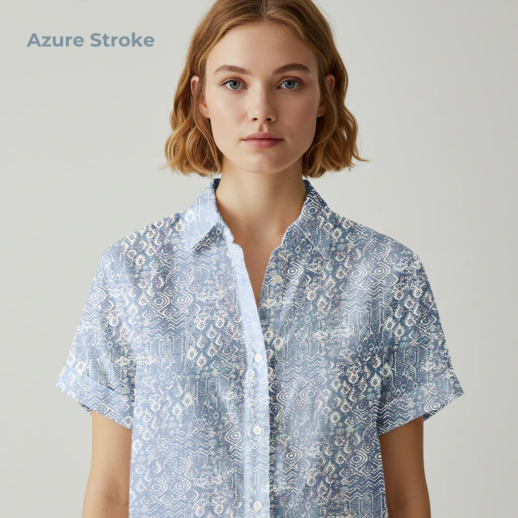 HARBORTIDE-WSS Women's Blue Printed Linen Shirt – Short Sleeve, Custom Fit
