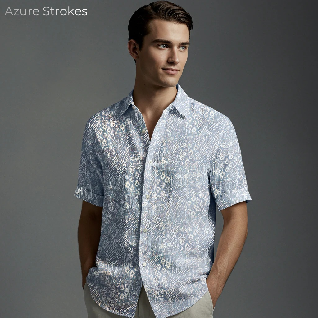 HARBORTIDE-MSS Men's Blue Printed Linen Shirt – Short Sleeve, Custom Fit