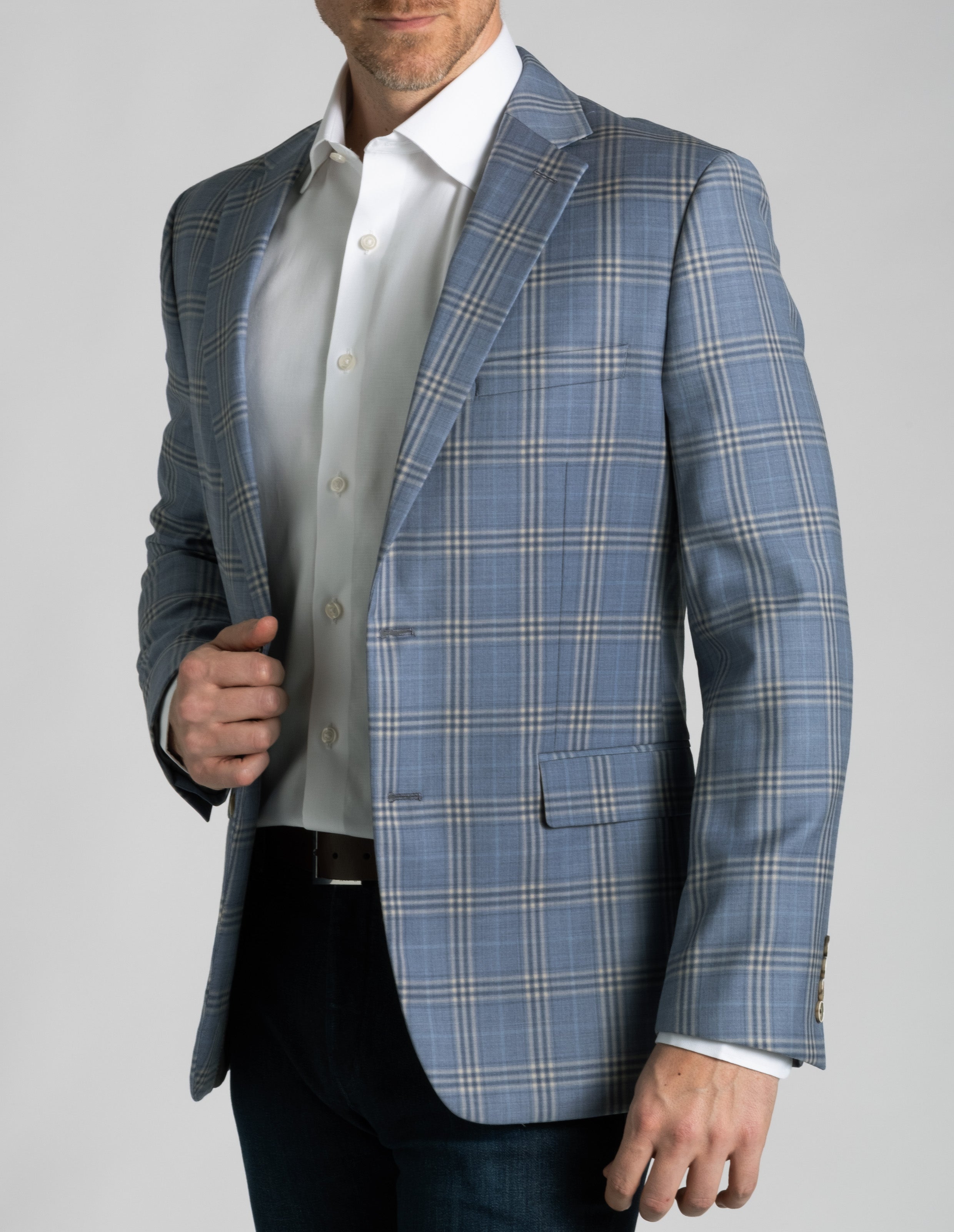 Classic Wool Check Sport Coat - Soft Blue and Cream Stacked Windowpane
