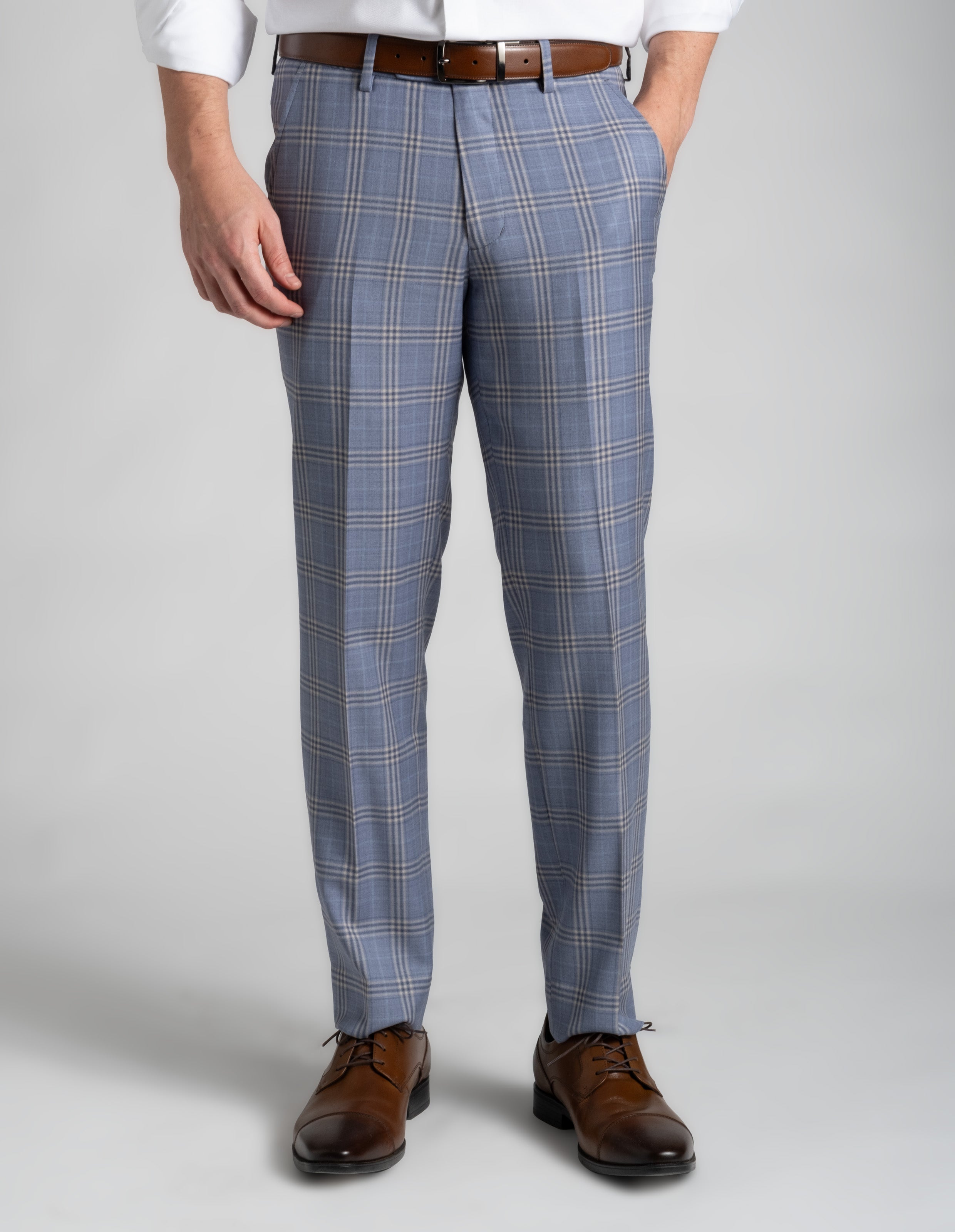 Classic Wool Checks Dress Pant - Soft Blue and Cream Stacked Windowpane