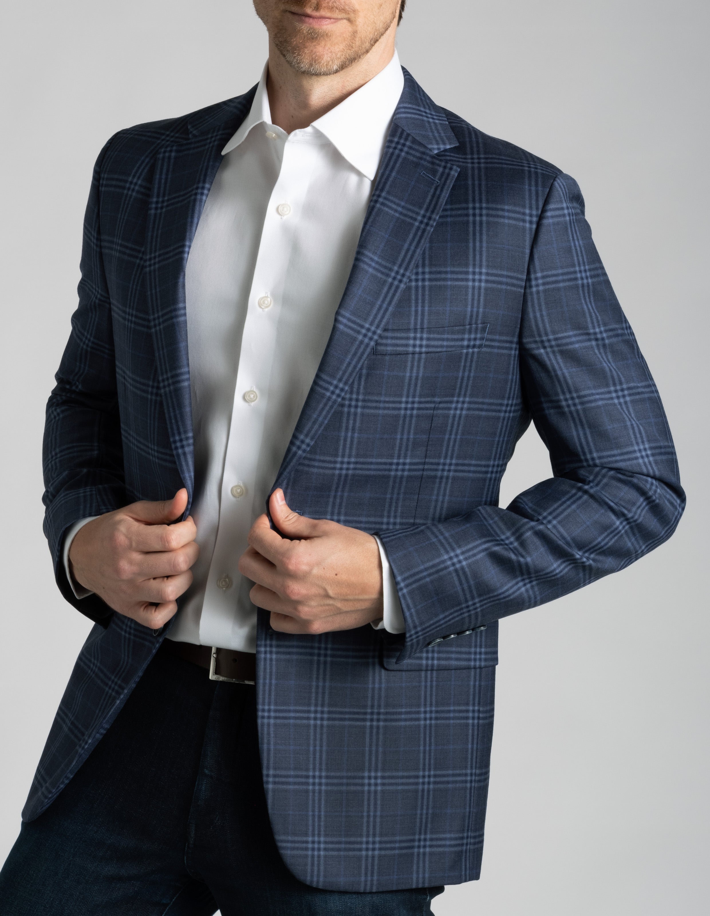 Classic Wool Check Sport Coat - Light Blue and Navy Stacked Windowpane