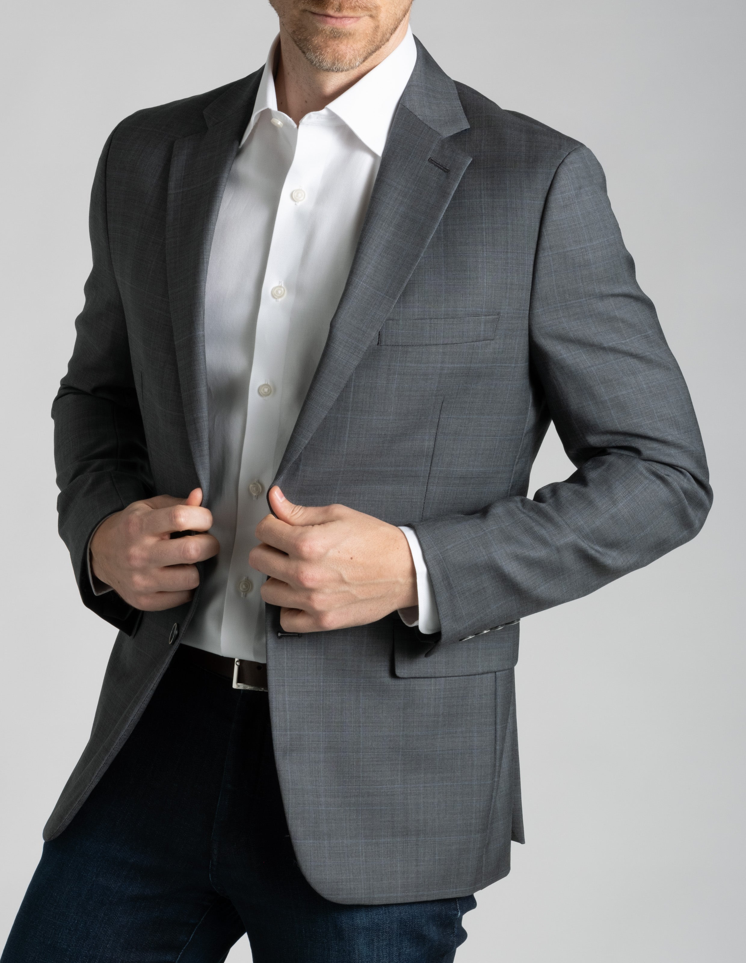 Super 110s Wool Sport Coat - Soft Grey Overcheck