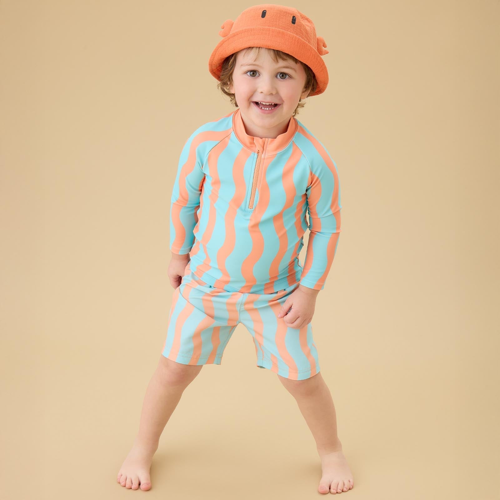KIDLY by MORI Rash Vest & Swim Shorts - Orange Wavy Stripe