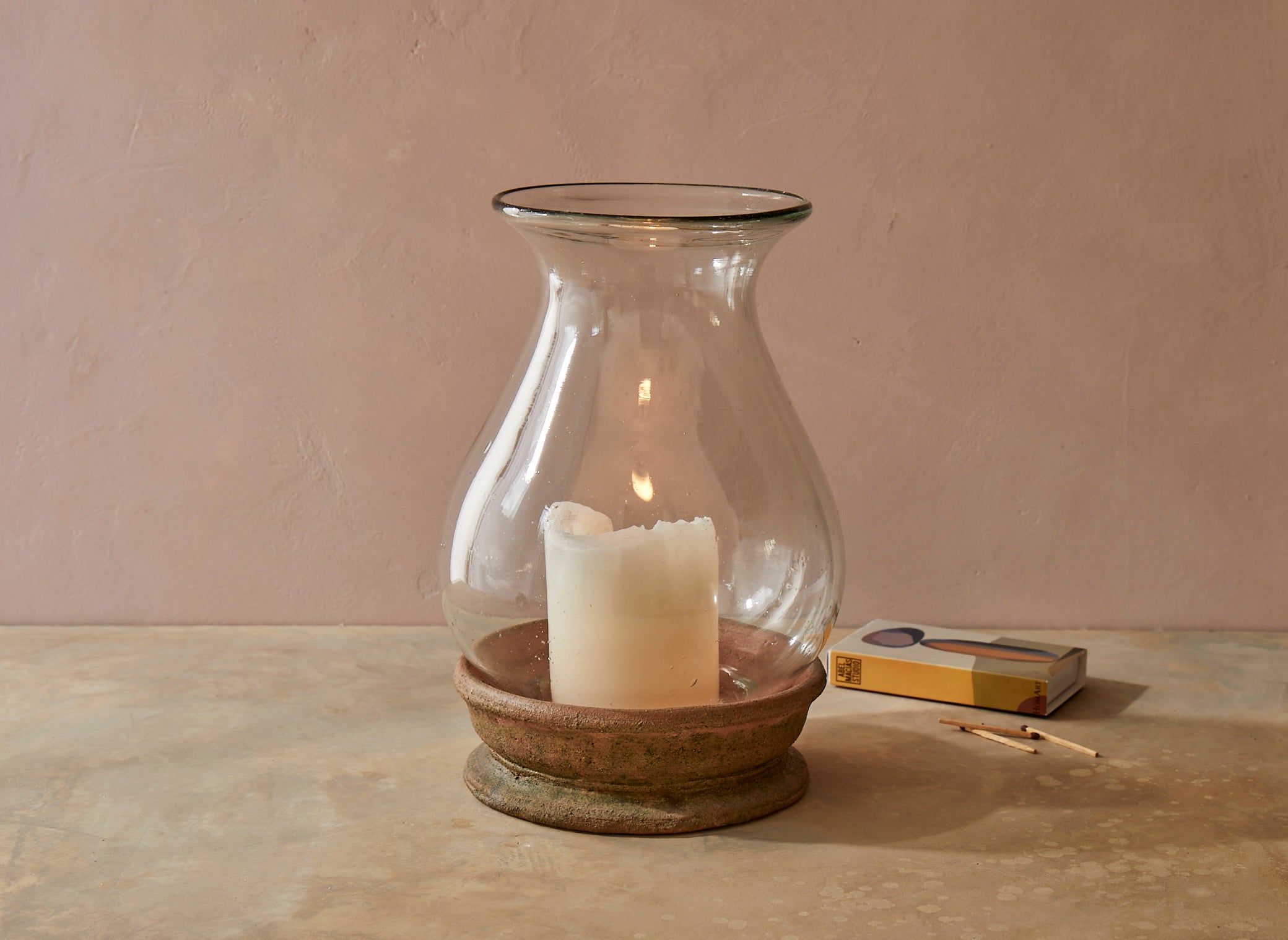 Aged Terracotta and Hand Blown Glass Hurricane Lantern, Small