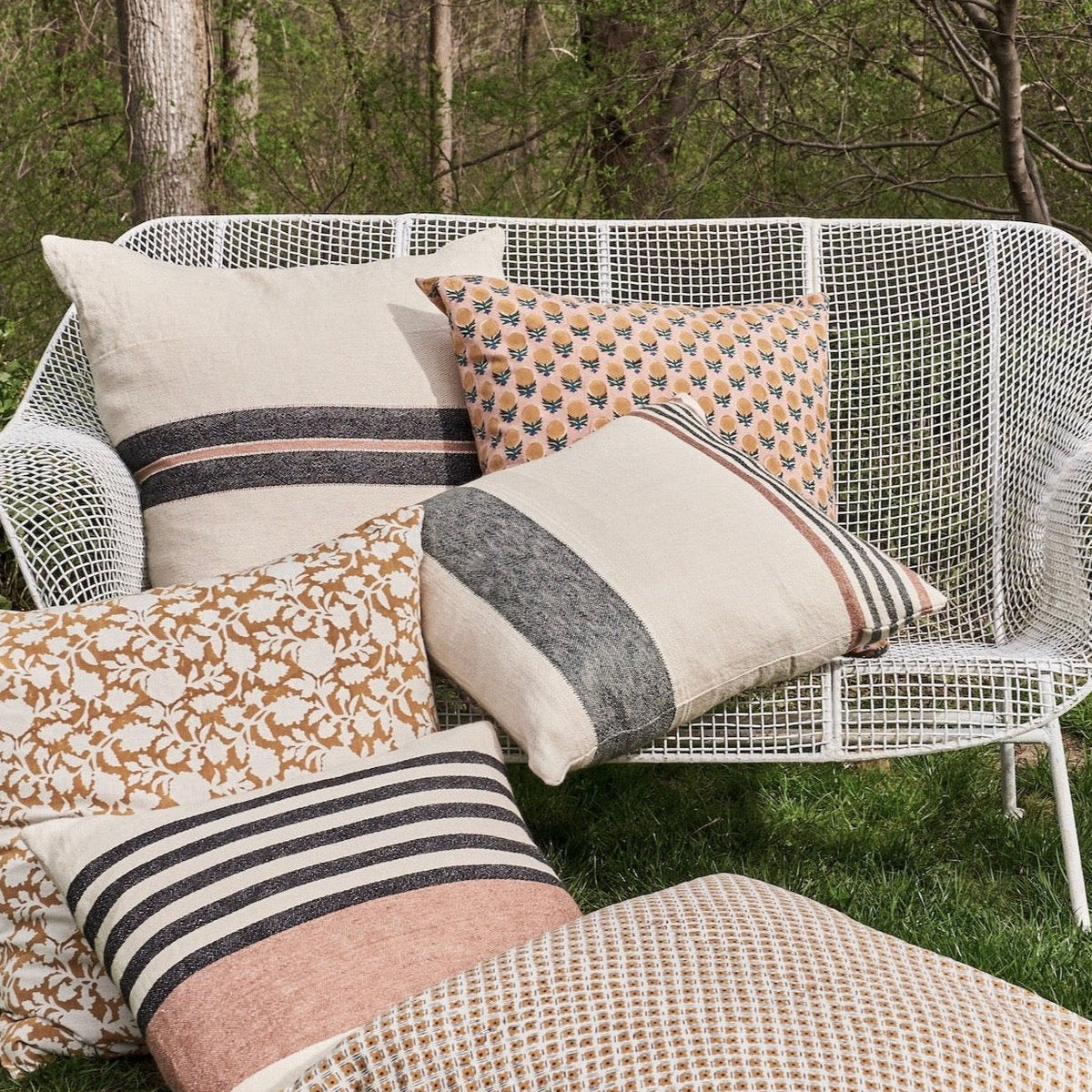 Tina Hand Block Printed Linen Pillow Cover, 22x22