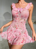 Blue Zone Planet | Gina's Spaghetti Strap Sweet Floral Slim Fit Ruffle Lingerie