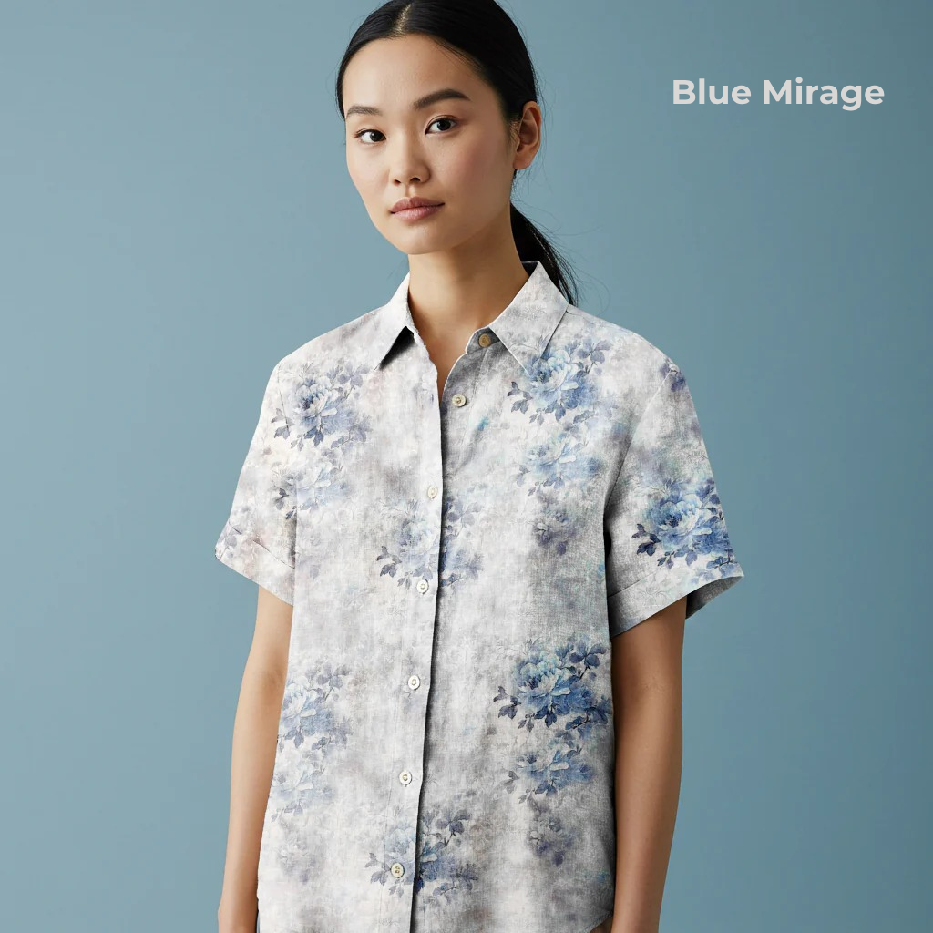 HARBORTIDE-WSS Women's Blue Printed Linen Shirt – Short Sleeve, Custom Fit