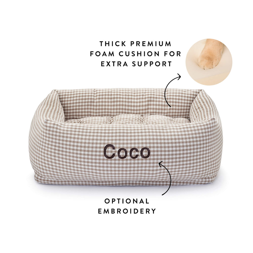 Mushroom Brown Gingham Bolster Dog Bed