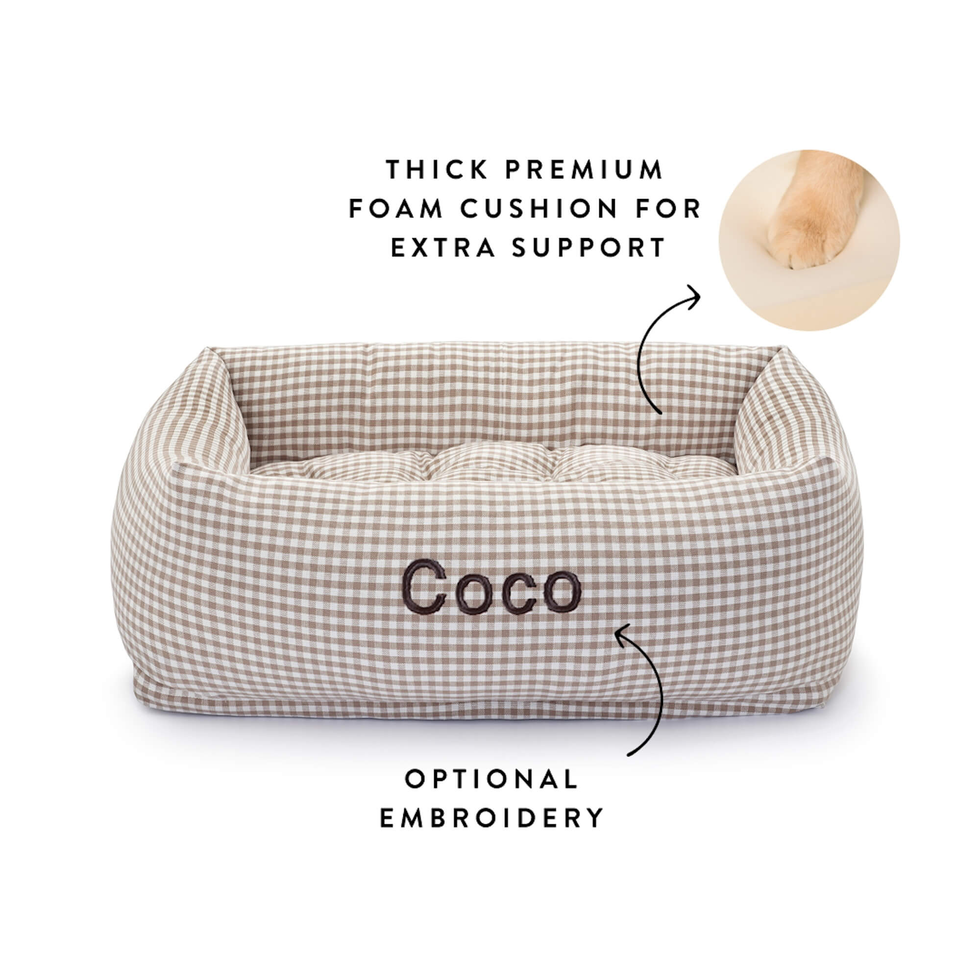 Mushroom Brown Gingham Bolster Dog Bed