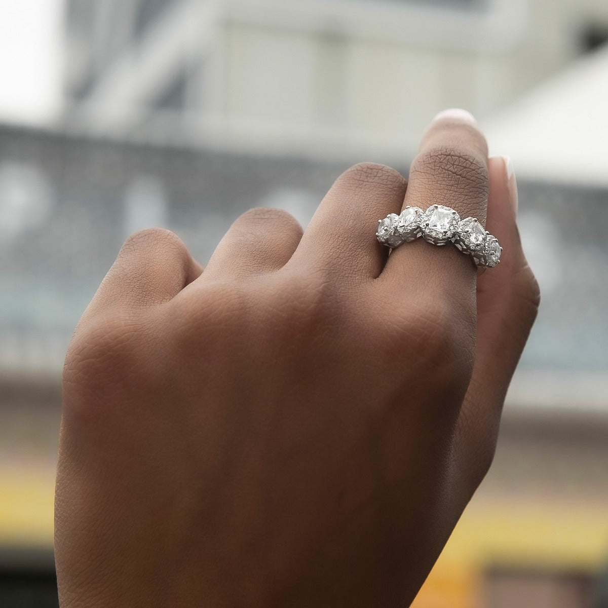 Mixed Diamond Pave Ring in White Gold Vermeil