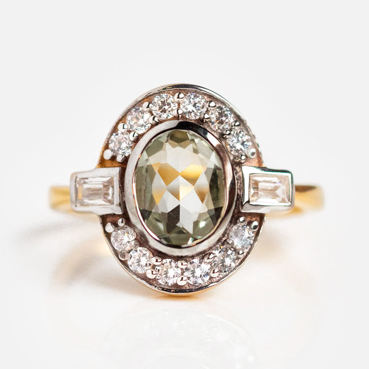 Oval Deco Green Amethyst and CZ Ring