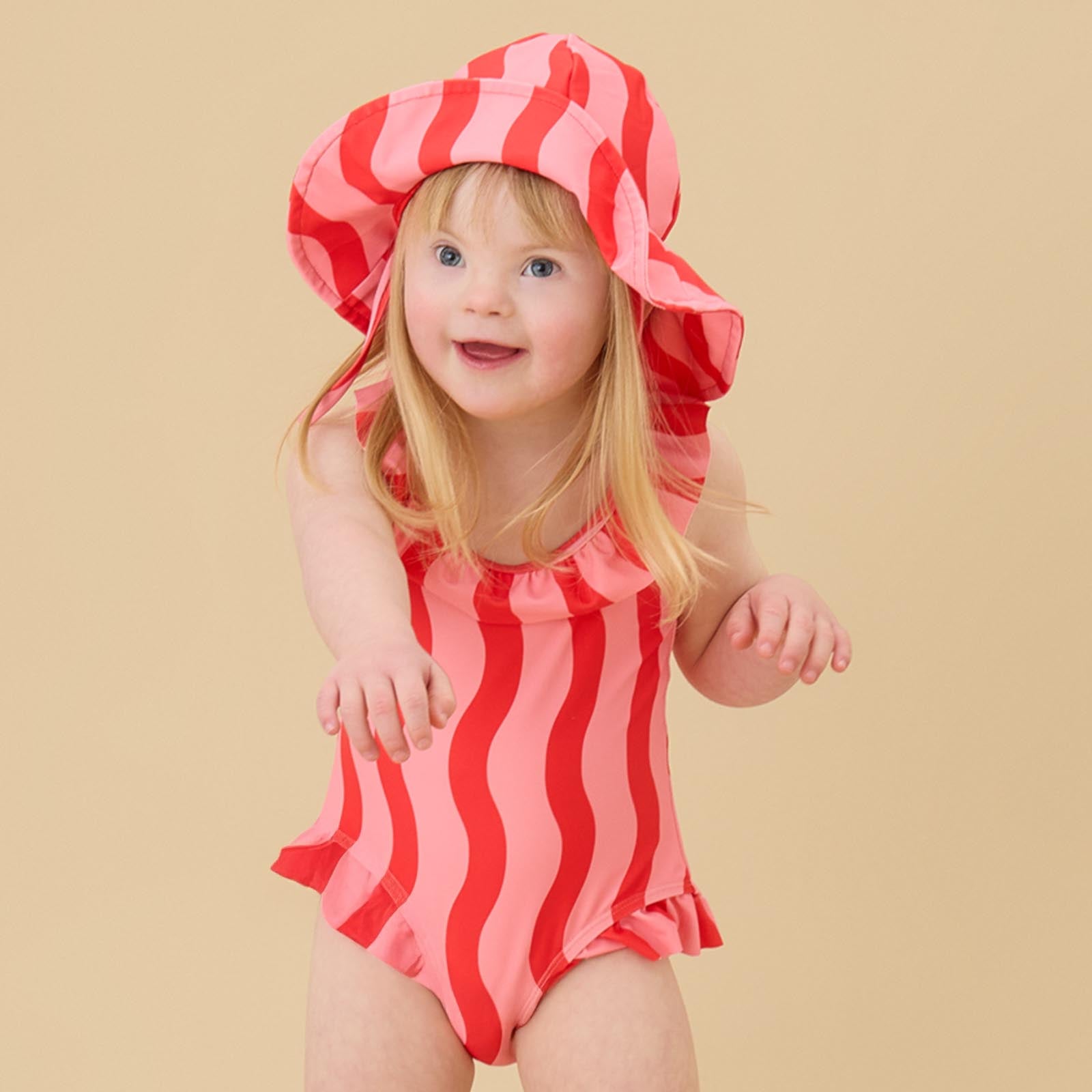 KIDLY by MORI Frill Neck Swimsuit & Floppy Hat - Pink Wavy Stripe
