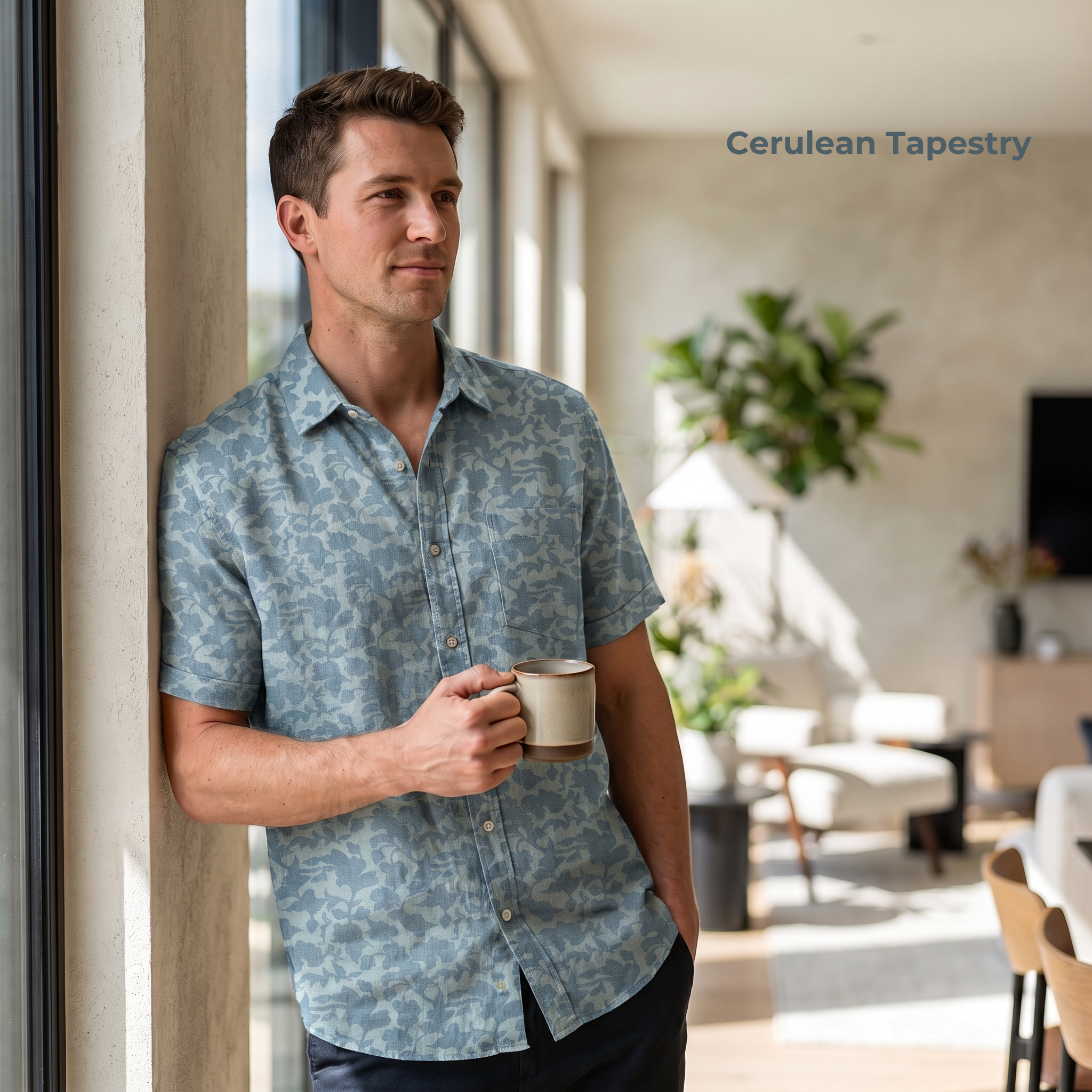HARBORTIDE-MSS Men's Blue Printed Linen Shirt – Short Sleeve, Custom Fit
