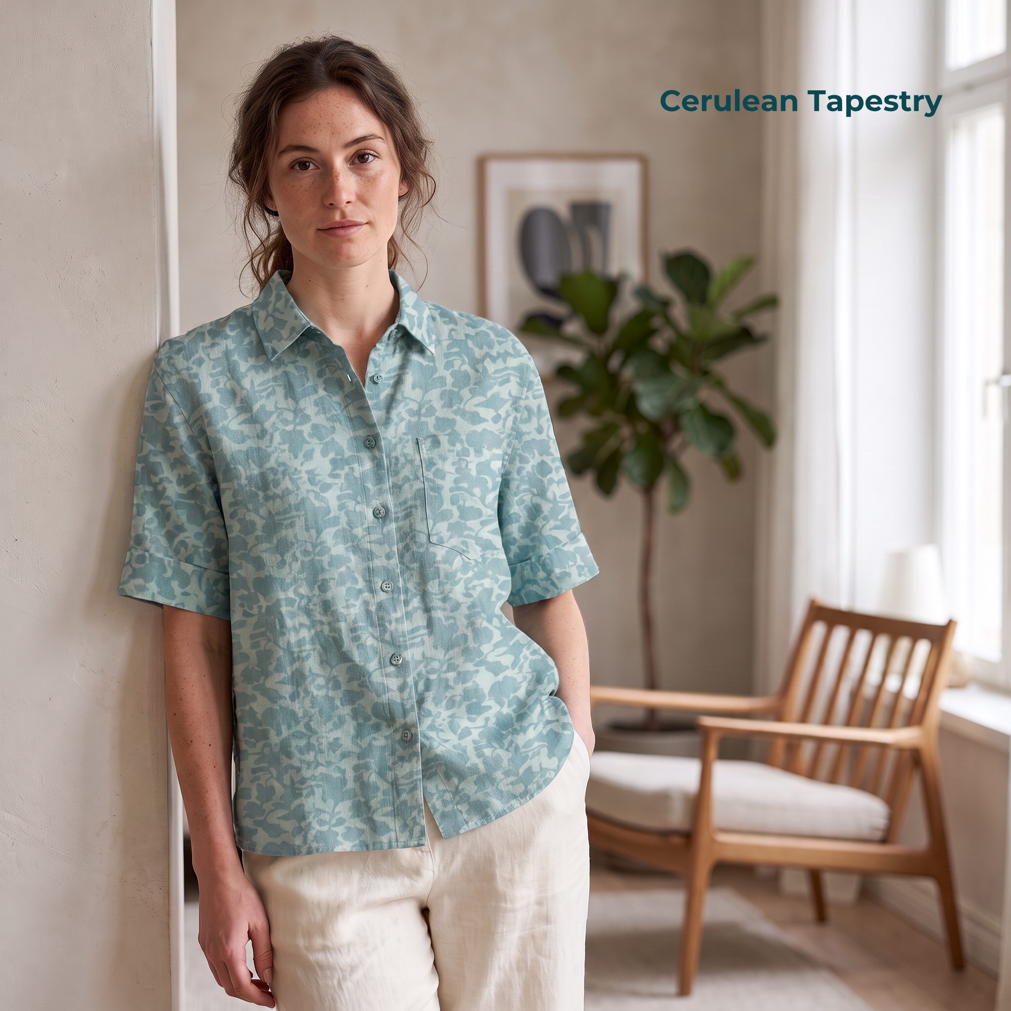 HARBORTIDE-WSS Women's Blue Printed Linen Shirt – Short Sleeve, Custom Fit