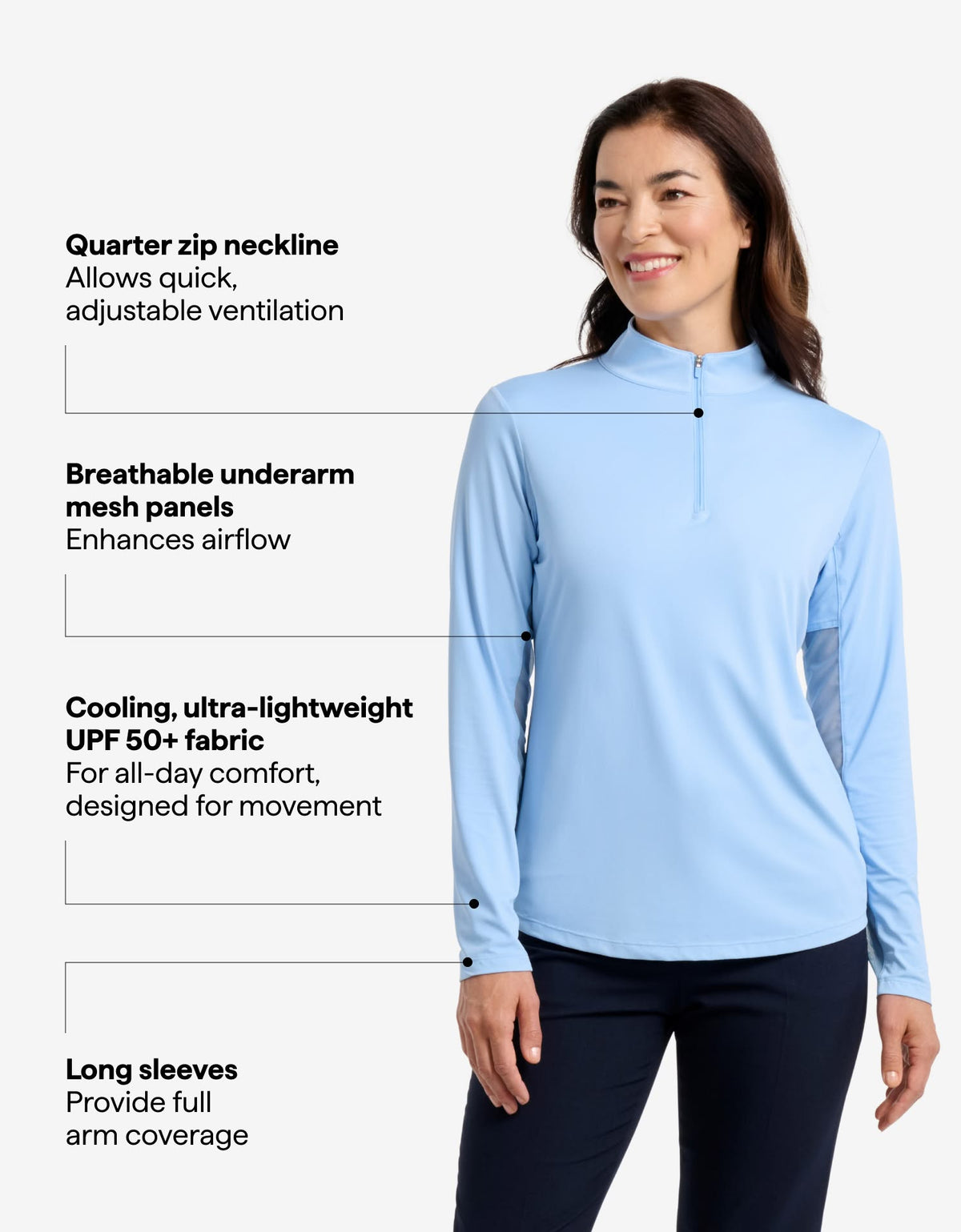 Long Sleeve Quarter Zip Top With Mesh UPF 50+