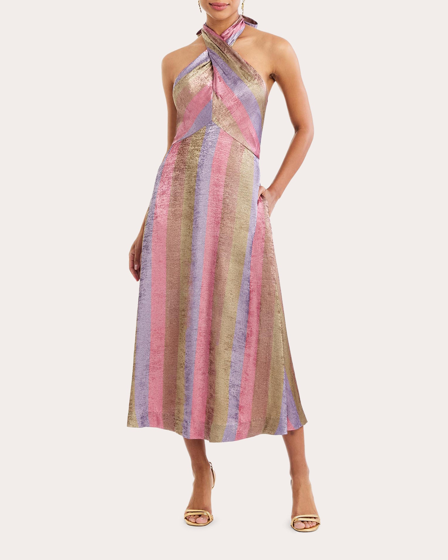 Copacabana Metallic Stripe Halter Midi Dress