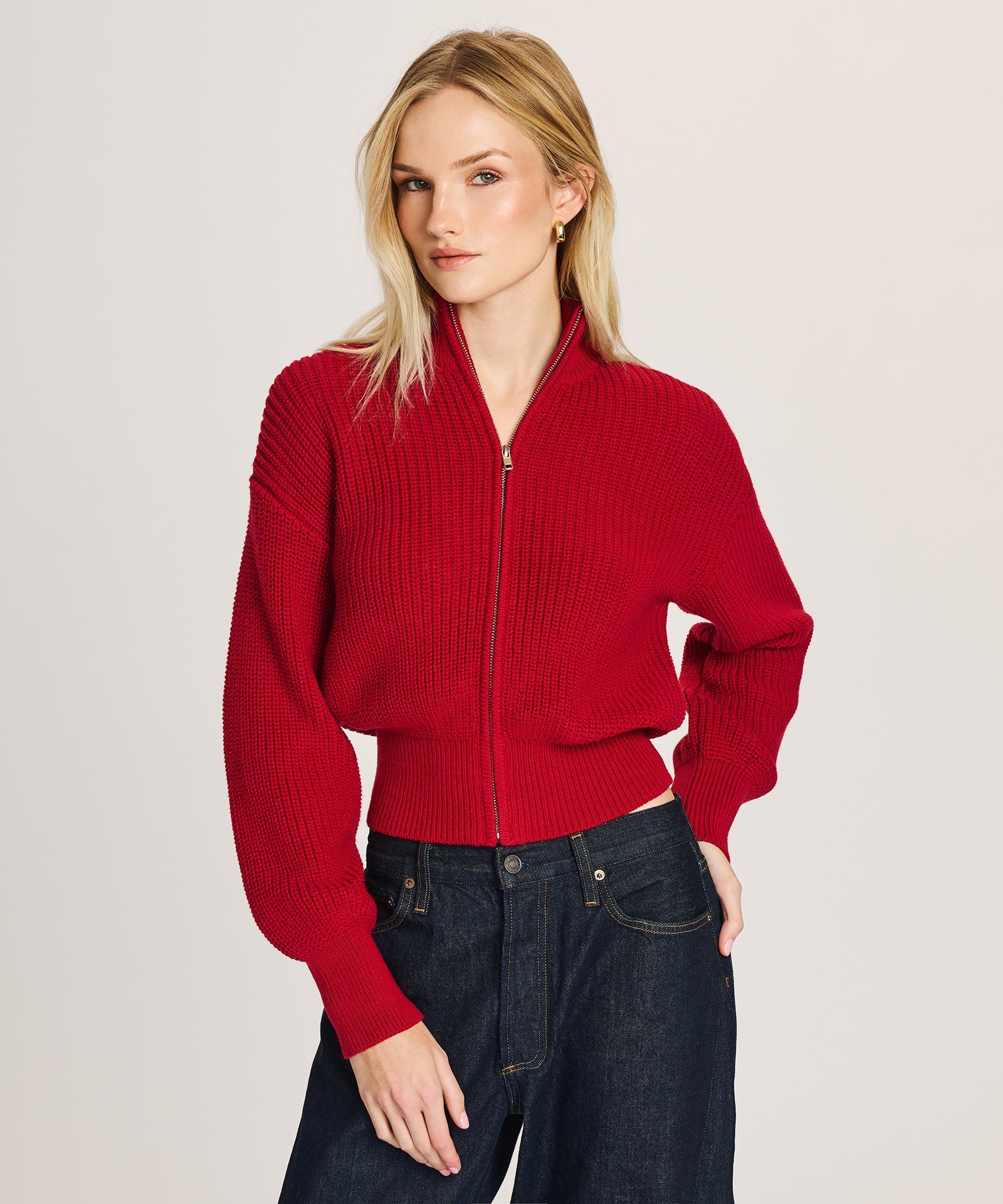 Cotton Fisherman Cinched Waist Zip Up Sweater