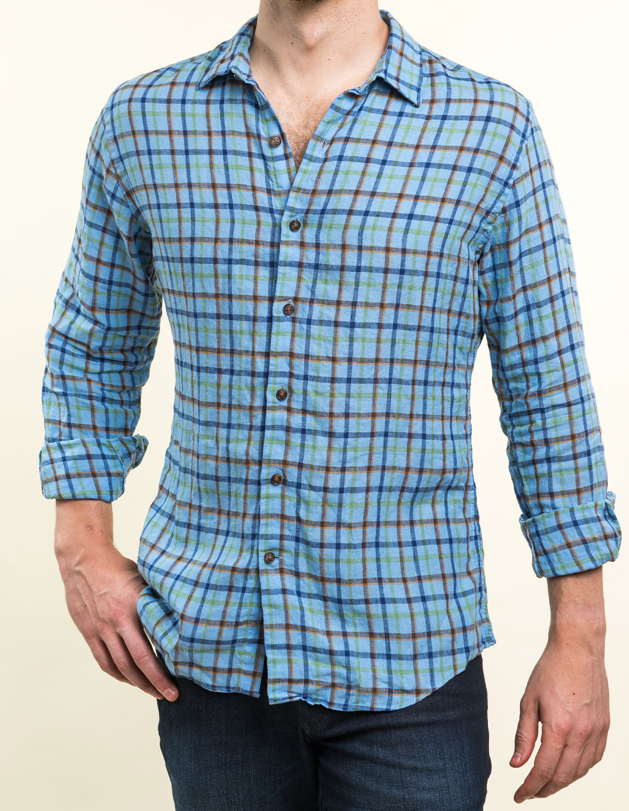 Deep Sky Brown Bordered Linen Check