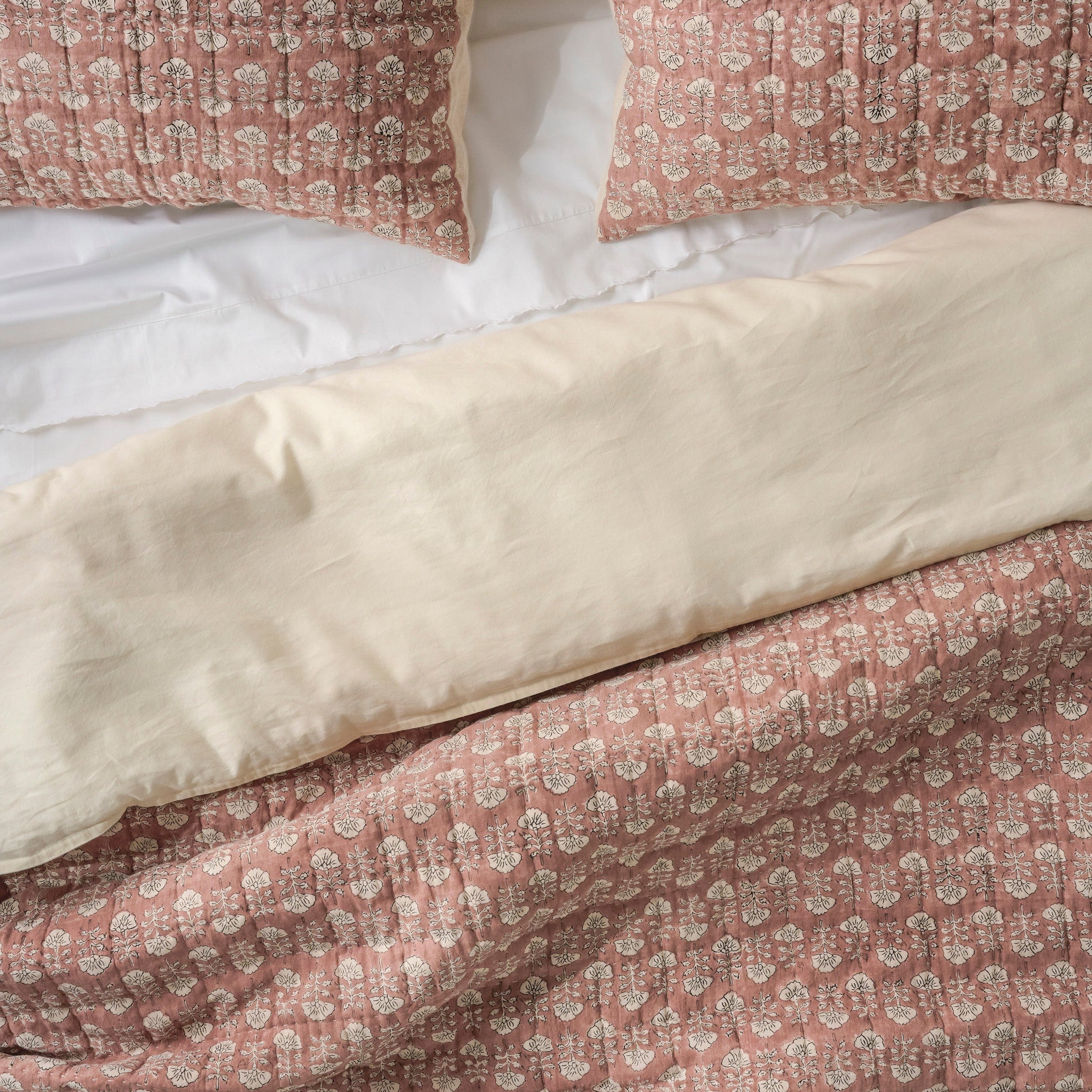 Desert Clay Flora Block Print Quilt + Sham Set (Queen)