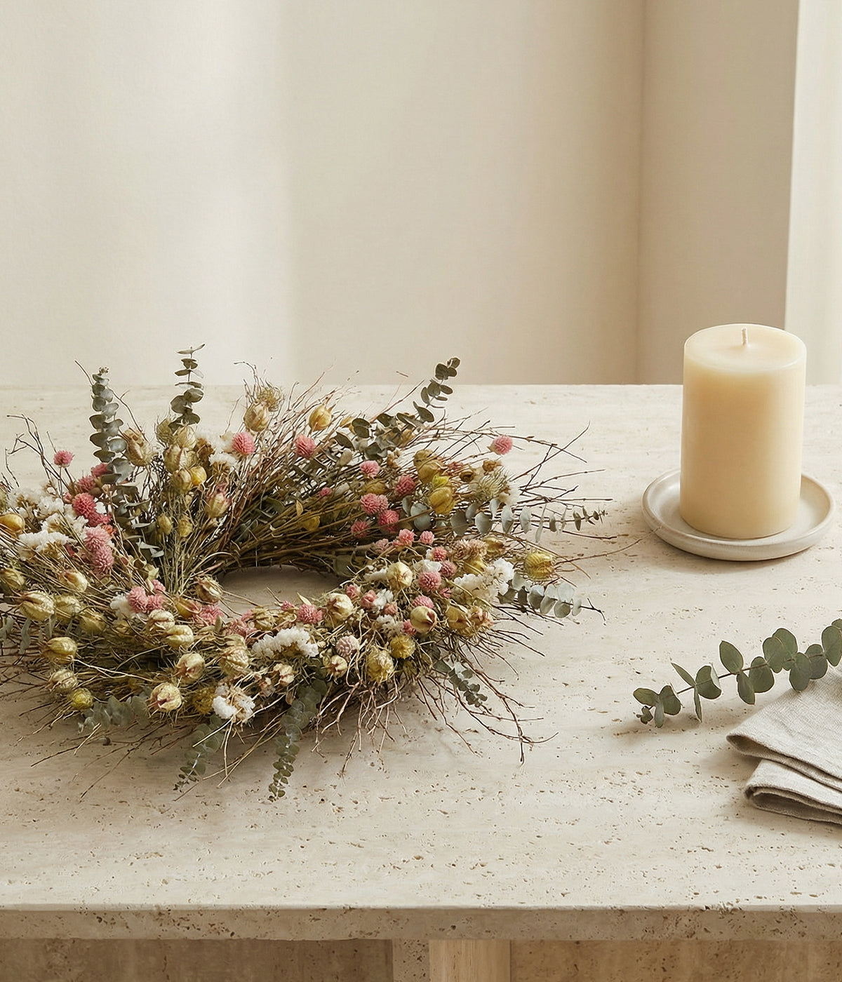 Isabelle Dried Eucalyptus & Pink Floral Wreath, 22"
