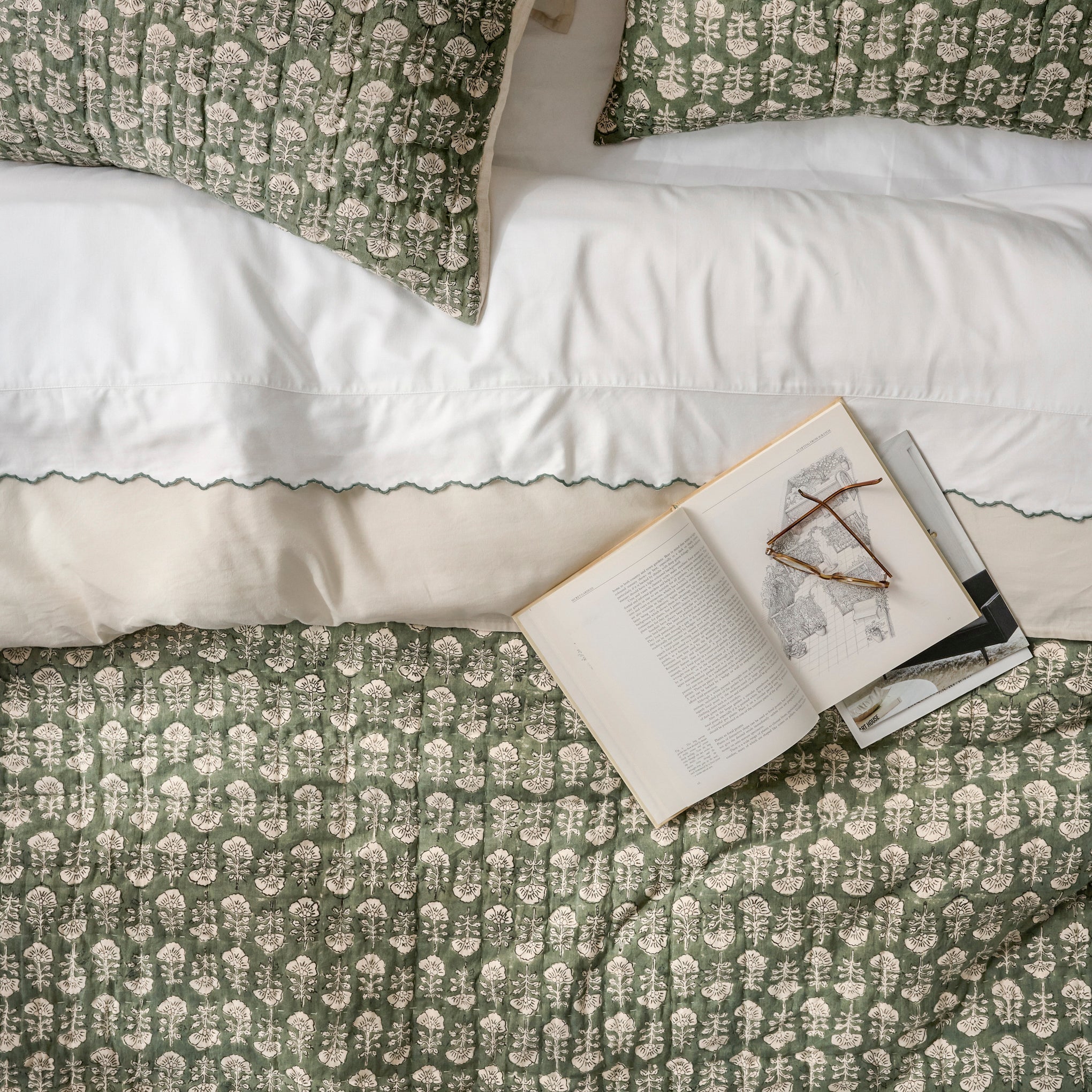 Dusty Green Flora Block Print Quilt + Sham Set (King)