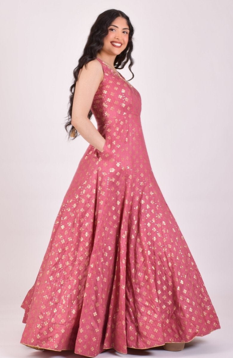 Dusty Pink Sequin Anarkali Gown With Dupatta