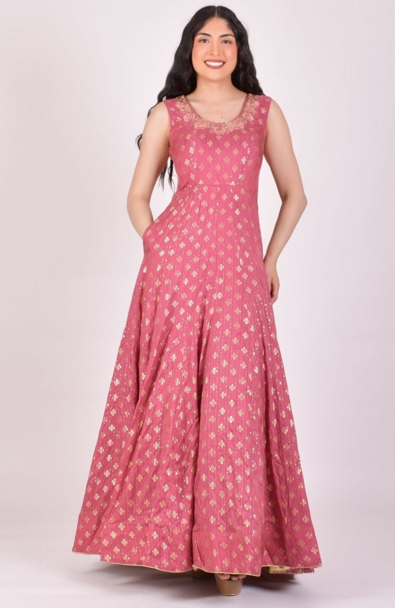 Dusty Pink Sequin Anarkali Gown With Dupatta