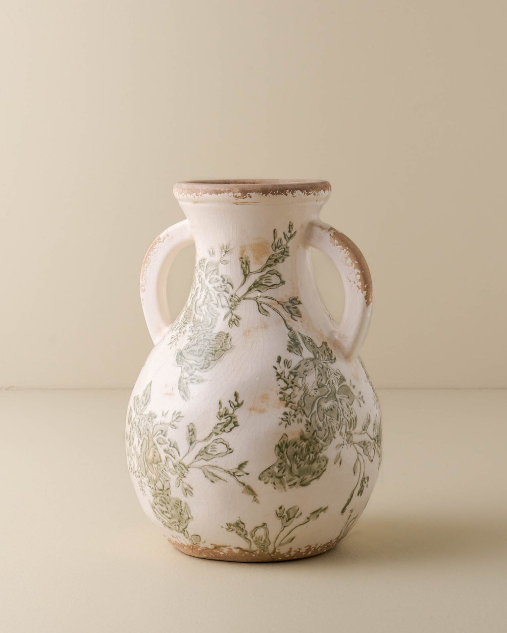 Green and White Distressed Vase with Handle