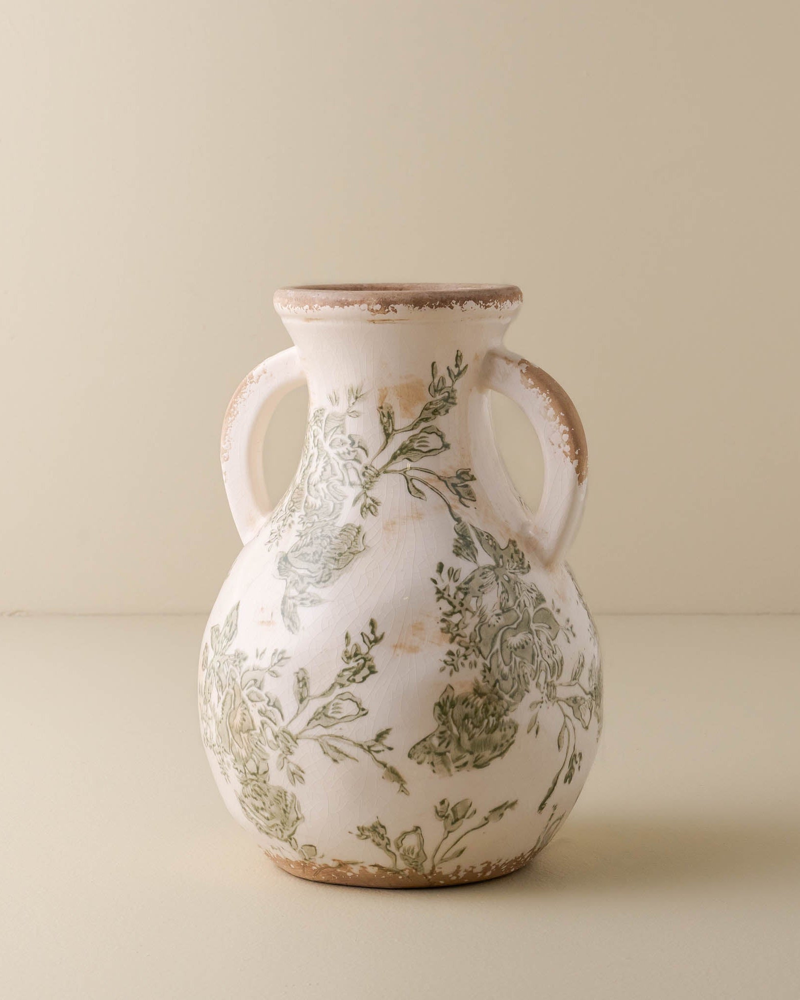 Green and White Distressed Vase with Handle