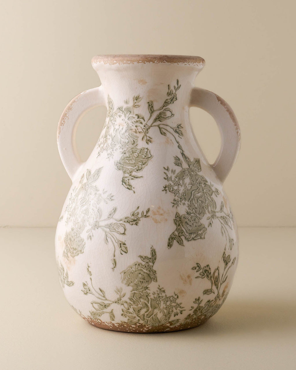 Green and White Distressed Vase with Handle